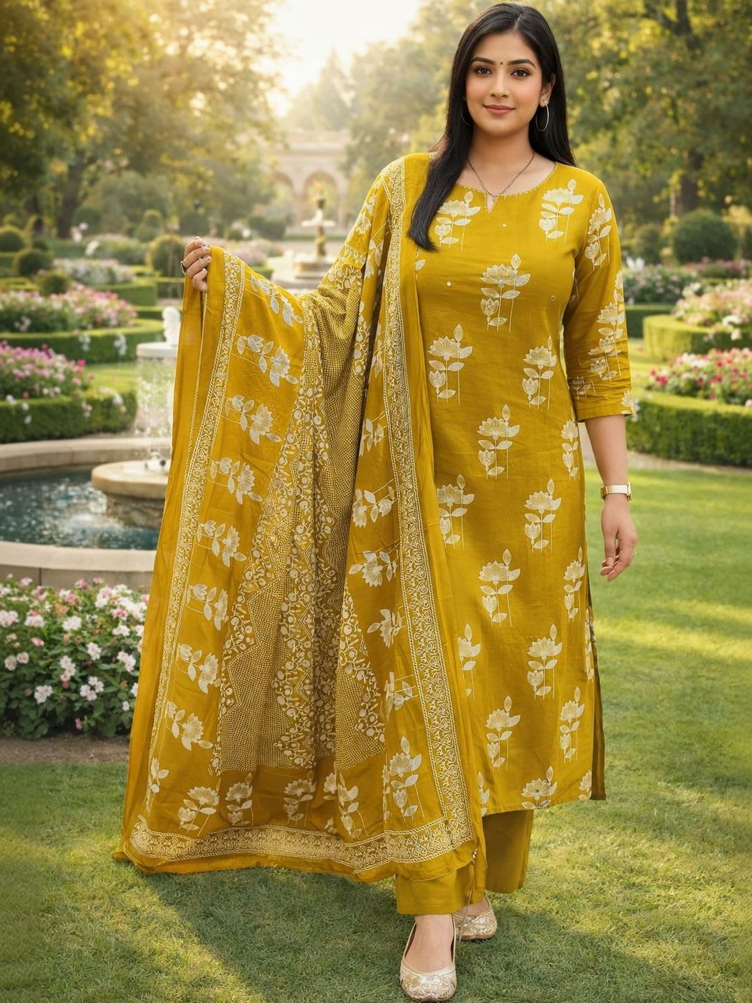 HERE&NOW Womens Mustard Yellow Floral Printed Cotton Kurta Set Pant with Dupatta - default view