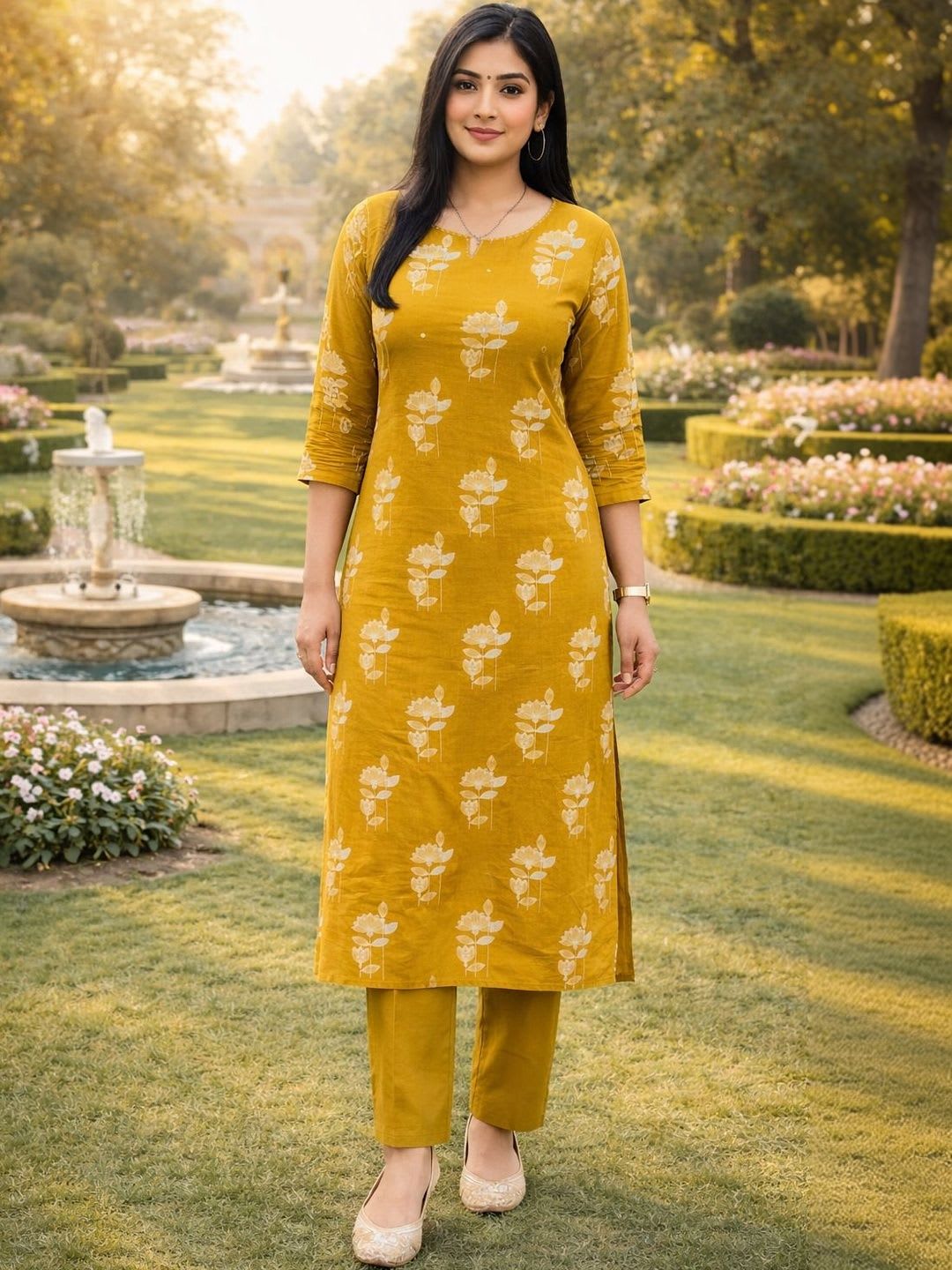 HERE&NOW Womens Mustard Yellow Floral Printed Cotton Kurta Set Pant with Dupatta - back view