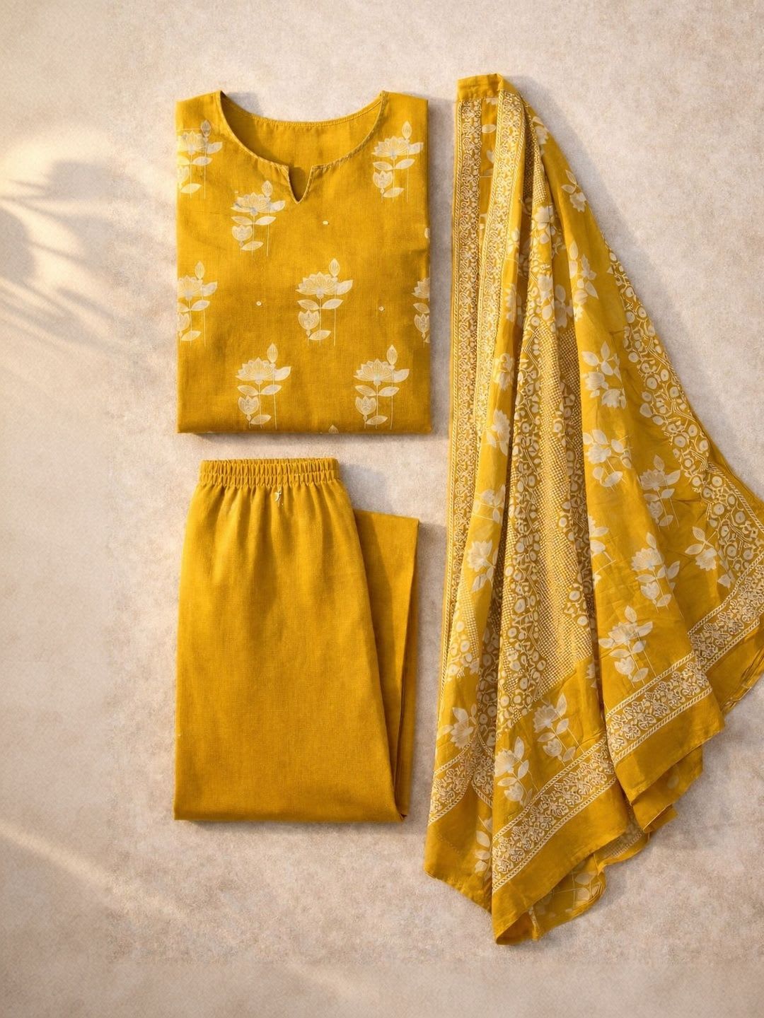 HERE&NOW Womens Mustard Yellow Floral Printed Cotton Kurta Set Pant with Dupatta - left view