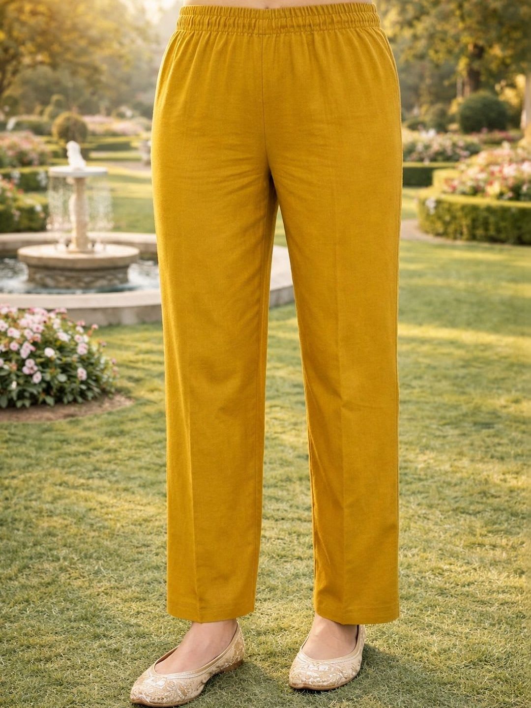 HERE&NOW Womens Mustard Yellow Floral Printed Cotton Kurta Set Pant with Dupatta - right view