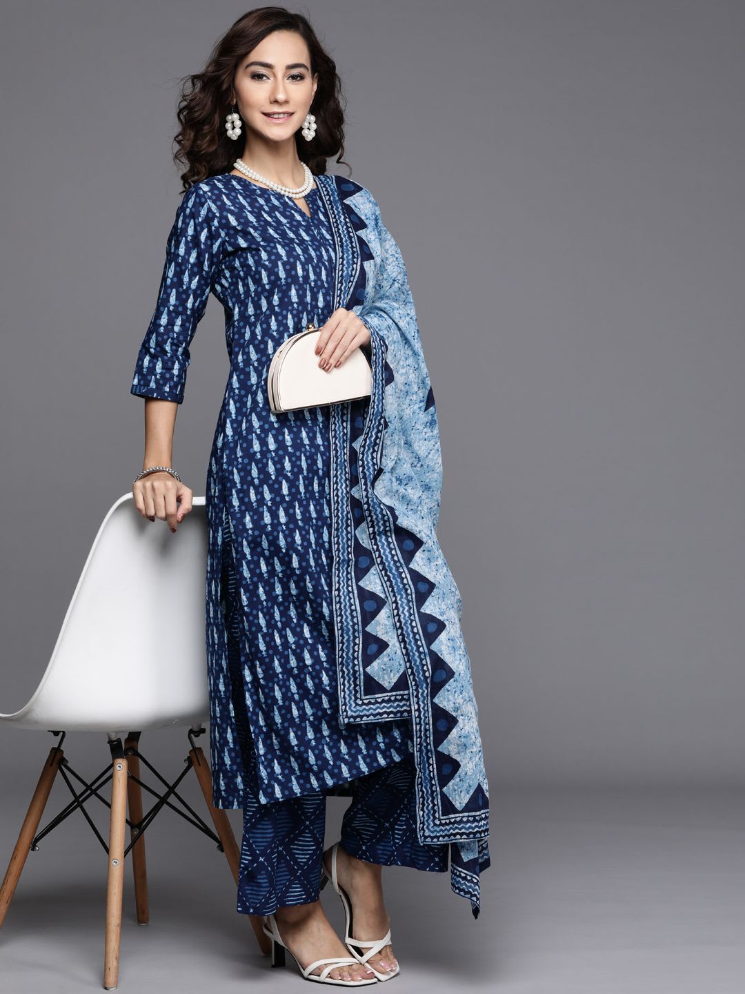 Libas Women Blue Printed Pure Cotton Kurta with Palazzos & Dupatta - left view
