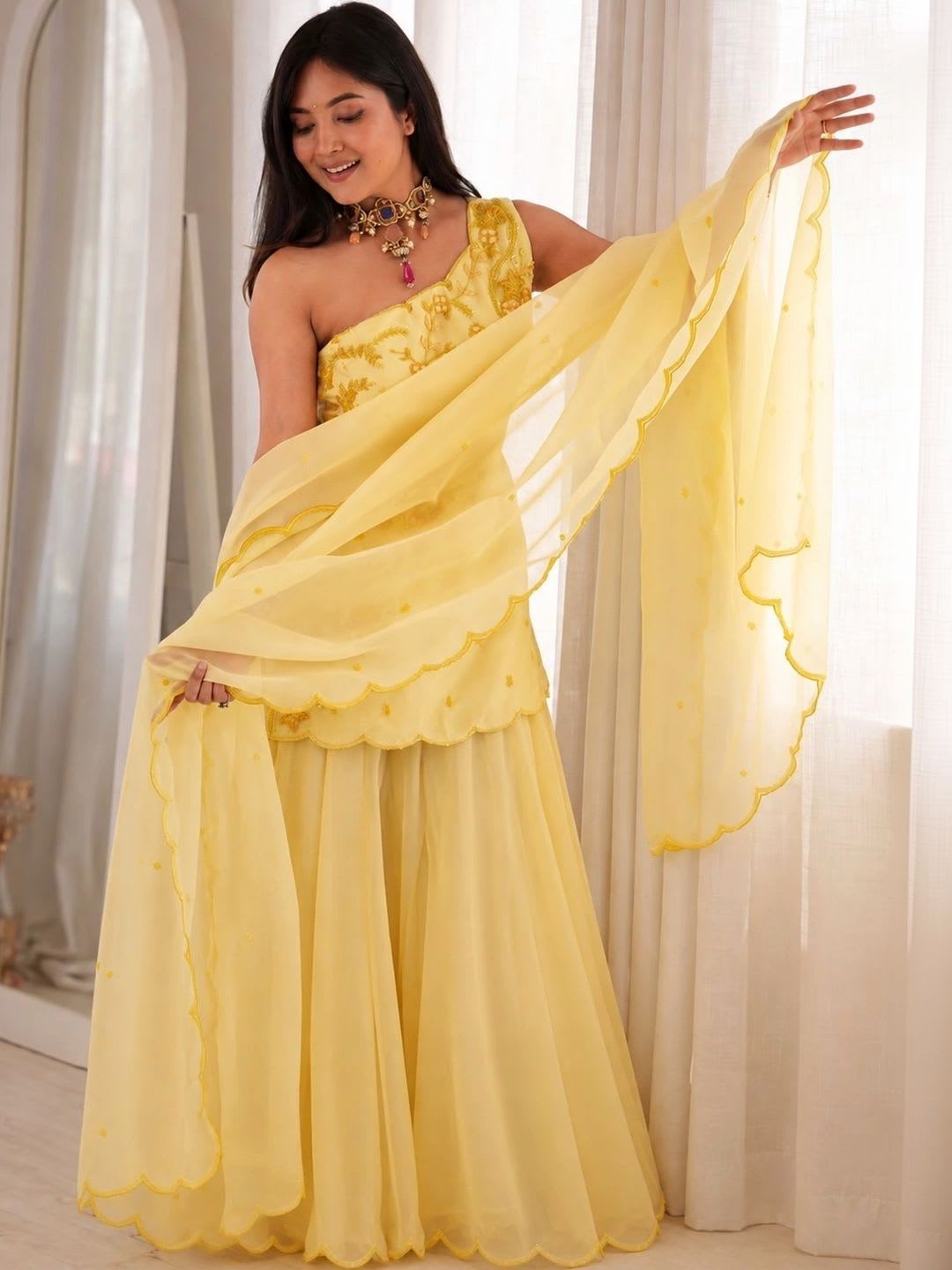 Sangria Women Ethnic Motifs Embroidered Silk Georgette Kurta with Sharara & Dupatta - default view
