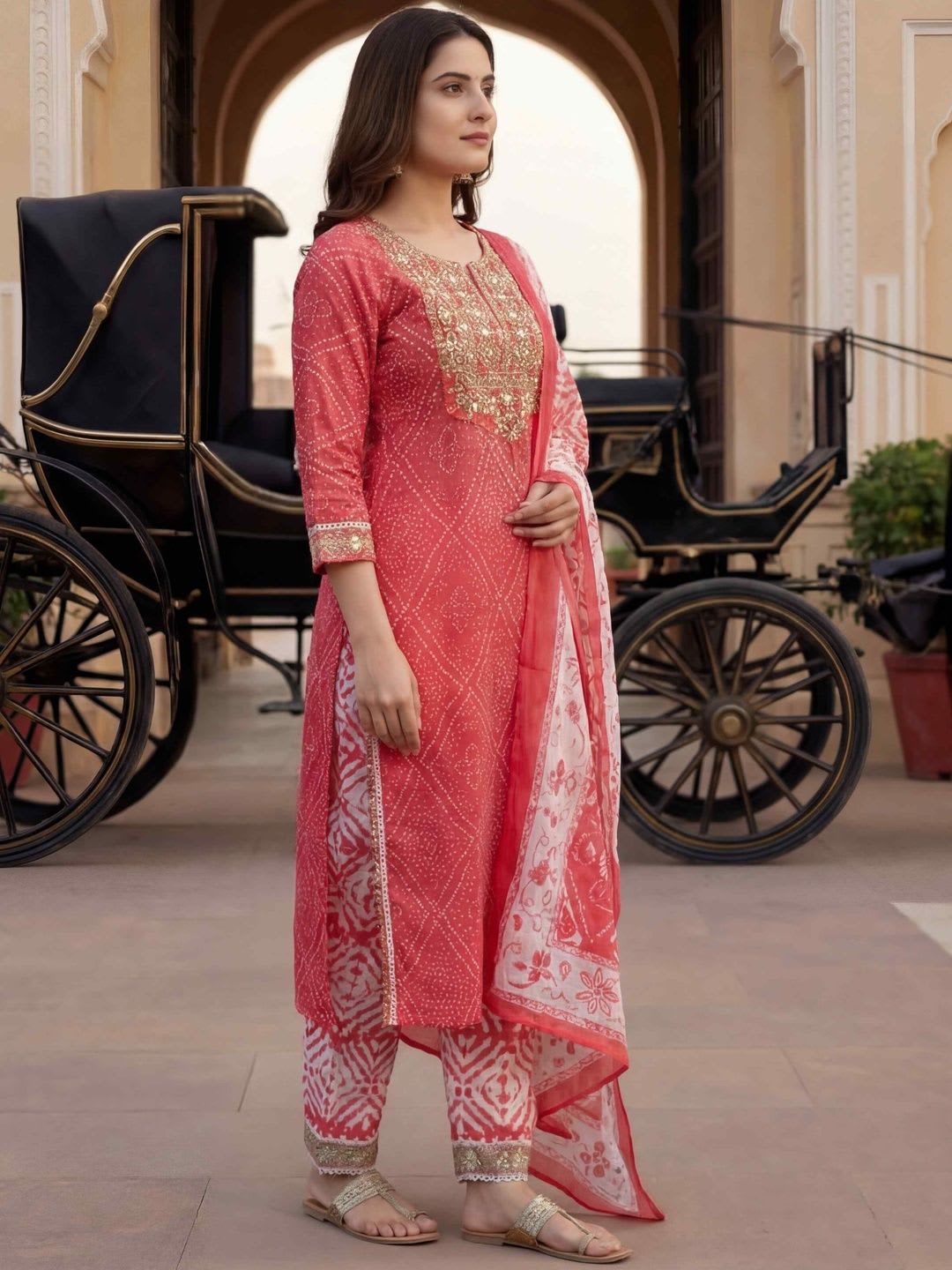 Balyx Women Ethnic Motifs Printed Regular Thread Work Kurta with Trousers & With Dupatta - back view