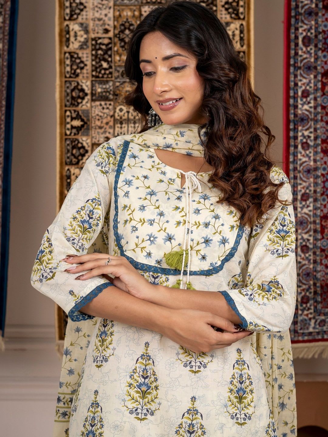 Sarai Jaipur Women Floral Printed Regular Pure Cotton Kurta with Trousers & With Dupatta - default view