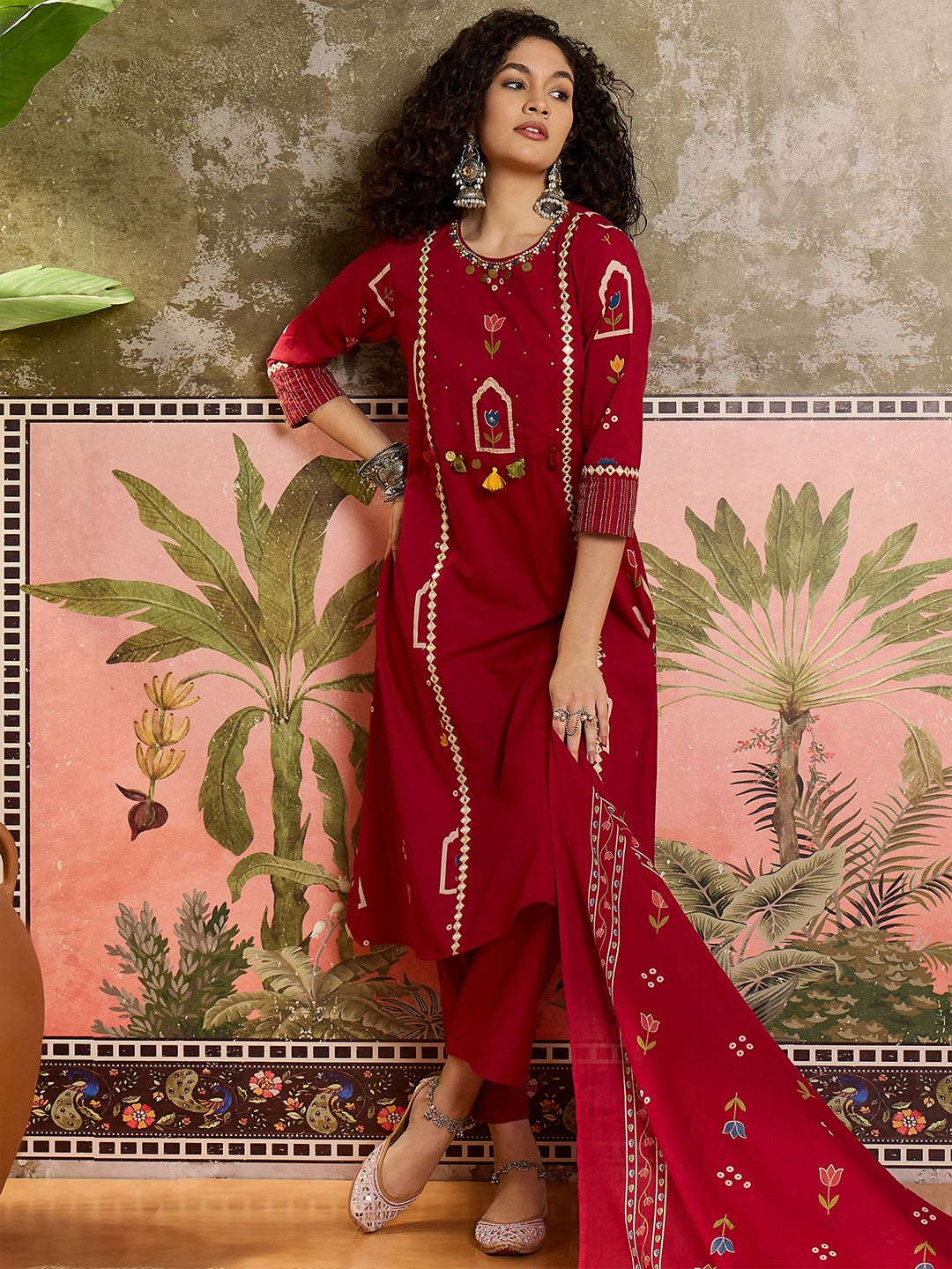 Sangria Printed Cotton Round Neck Kurta & Trousers With Dupatta - default view