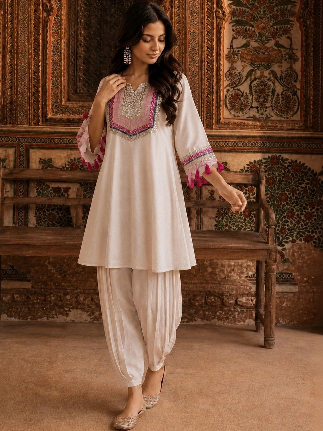 Sangria Women Ethnic Motifs Embroidered Regular Sequinned Pure Cotton Kurta with Patiala - default view