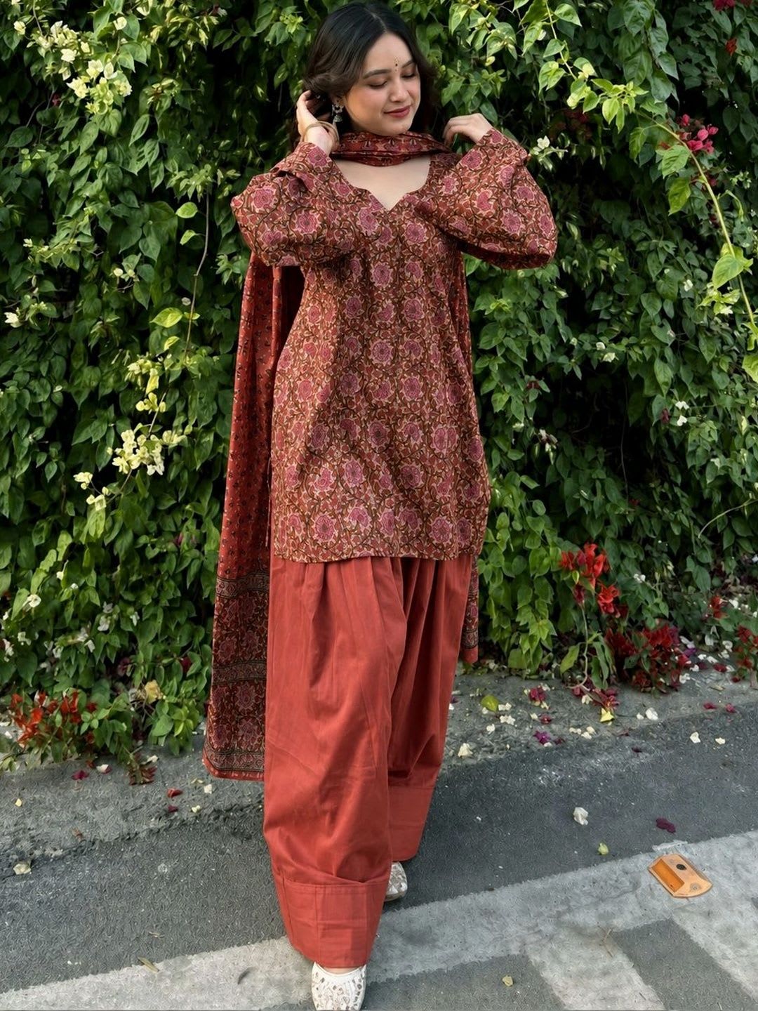 GoSriKi Women's Plus Size Rust Poly Cotton Printed Kurta With Farshi Salwar & Dupatta - default view
