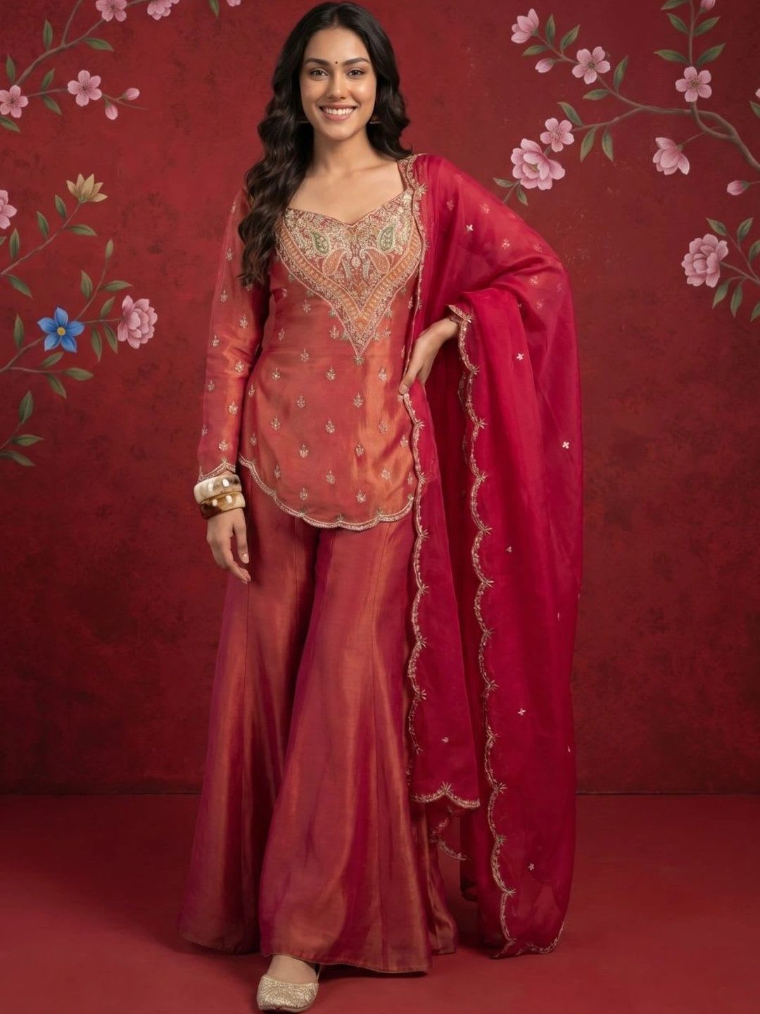 Sangria Women Ethnic Motifs Embroidered Regular Kurta with Sharara & With Dupatta - default view