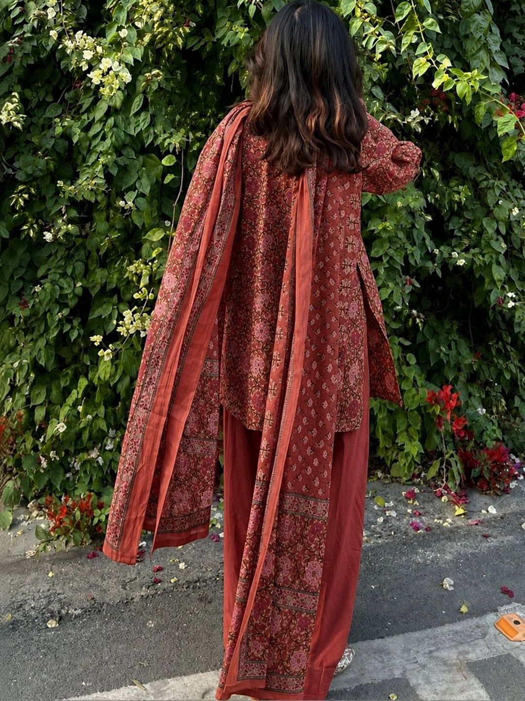 GoSriKi Women's Plus Size Rust Poly Cotton Printed Kurta With Farshi Salwar & Dupatta - back view