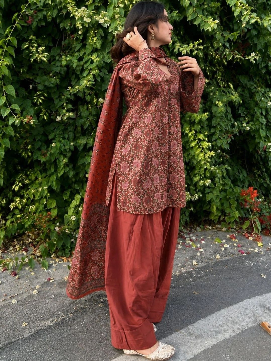 GoSriKi Women's Plus Size Rust Poly Cotton Printed Kurta With Farshi Salwar & Dupatta - left view