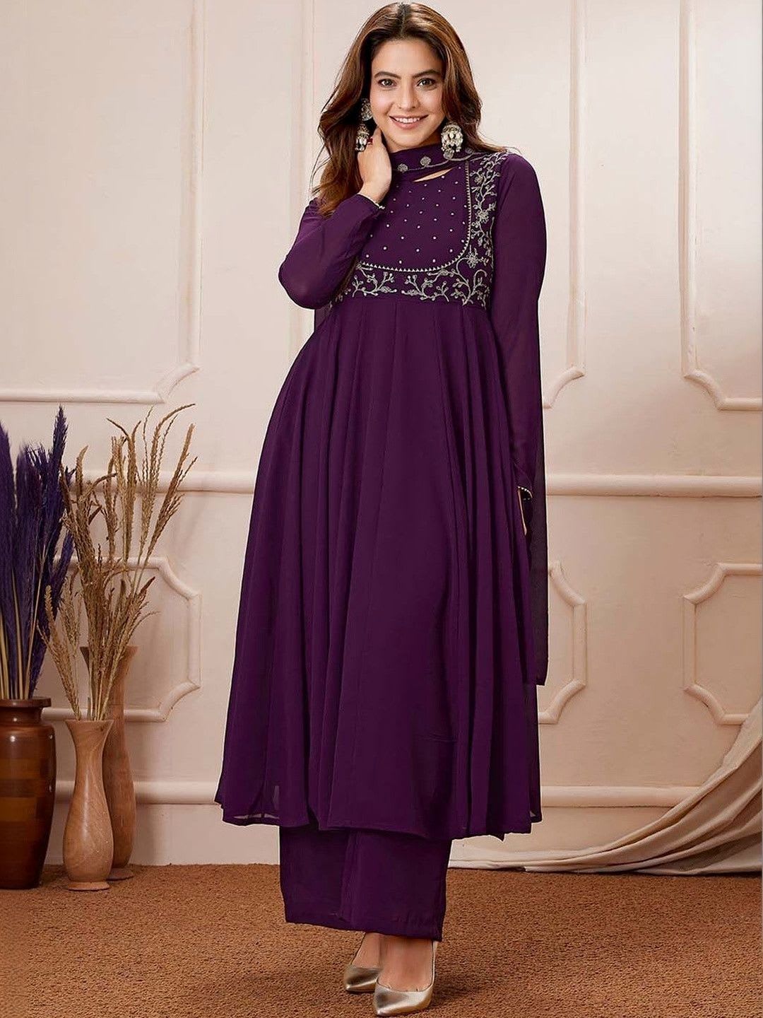 Janasya Floral Purple Georgette Embroidered Anarkali Palazzo Set Kurta - default view