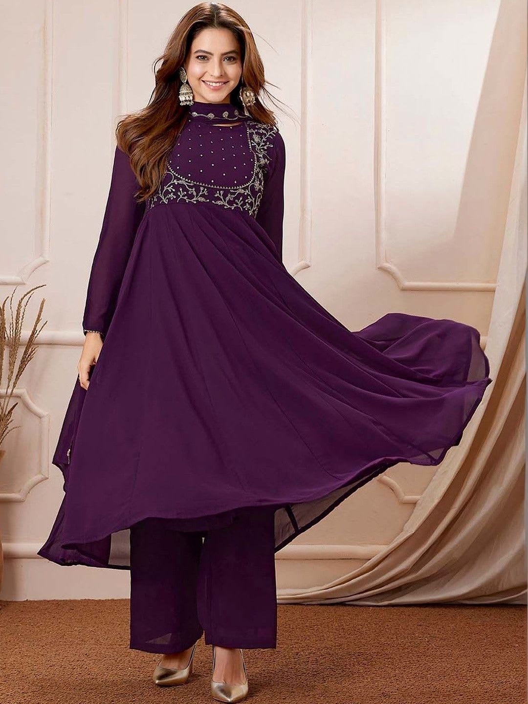 Janasya Floral Purple Georgette Embroidered Anarkali Palazzo Set Kurta - right view