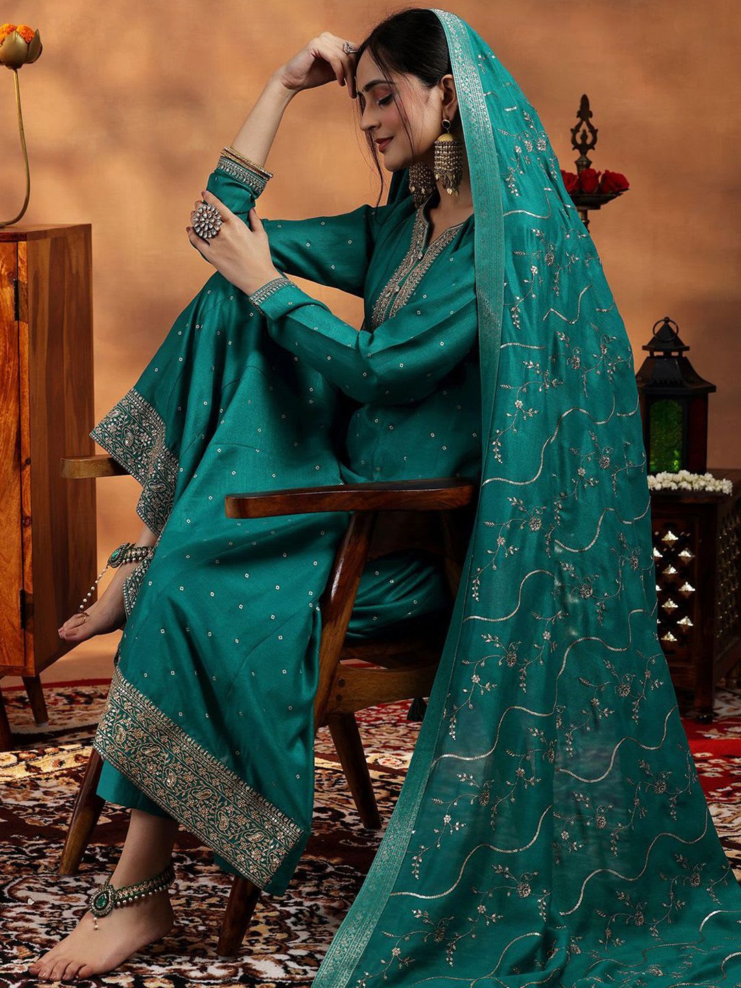 Libas Womens Green Embroidered Anarkali Kurta With Trousers & Dupatta - default view