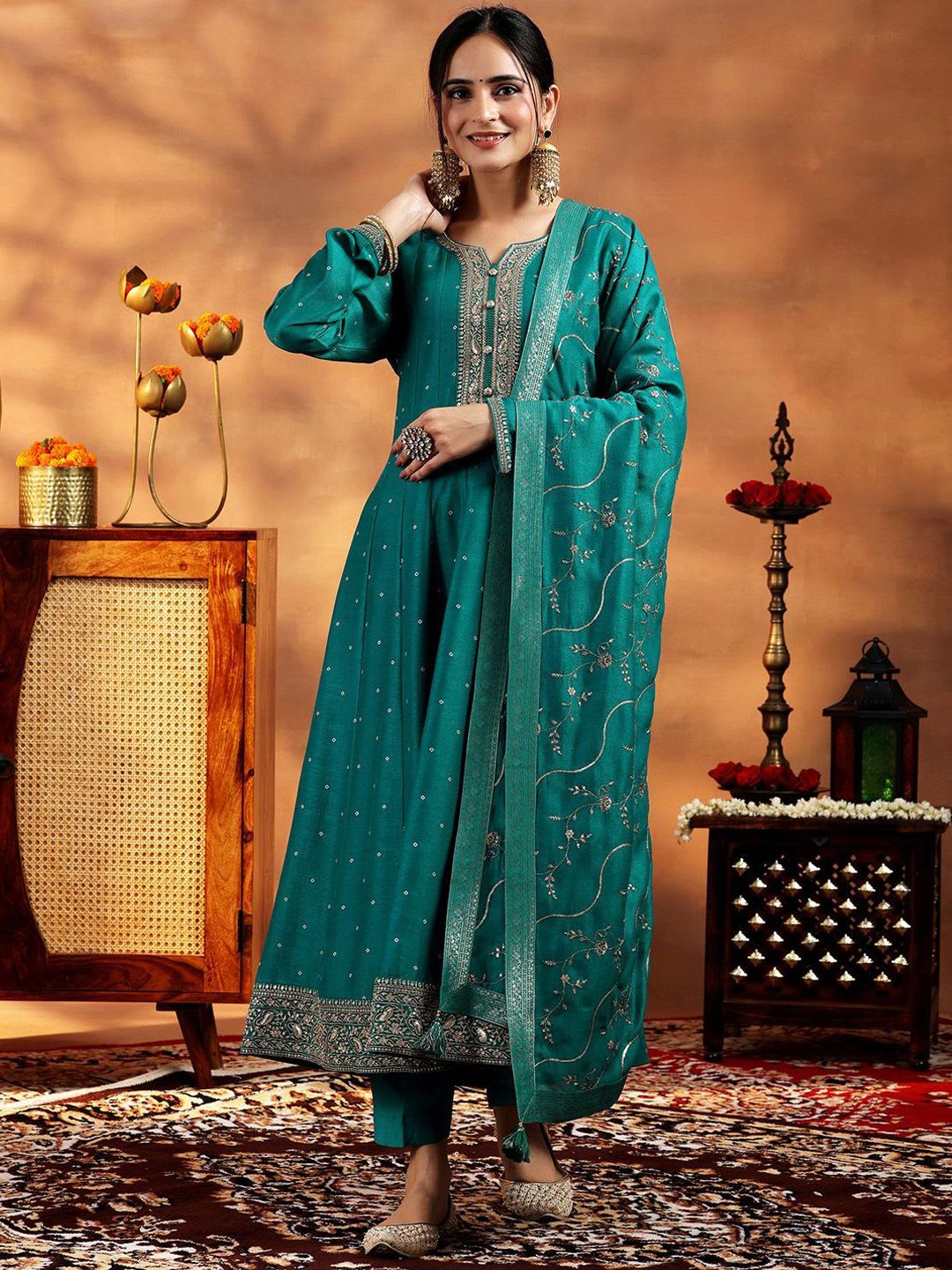 Libas Womens Green Embroidered Anarkali Kurta With Trousers & Dupatta - back view