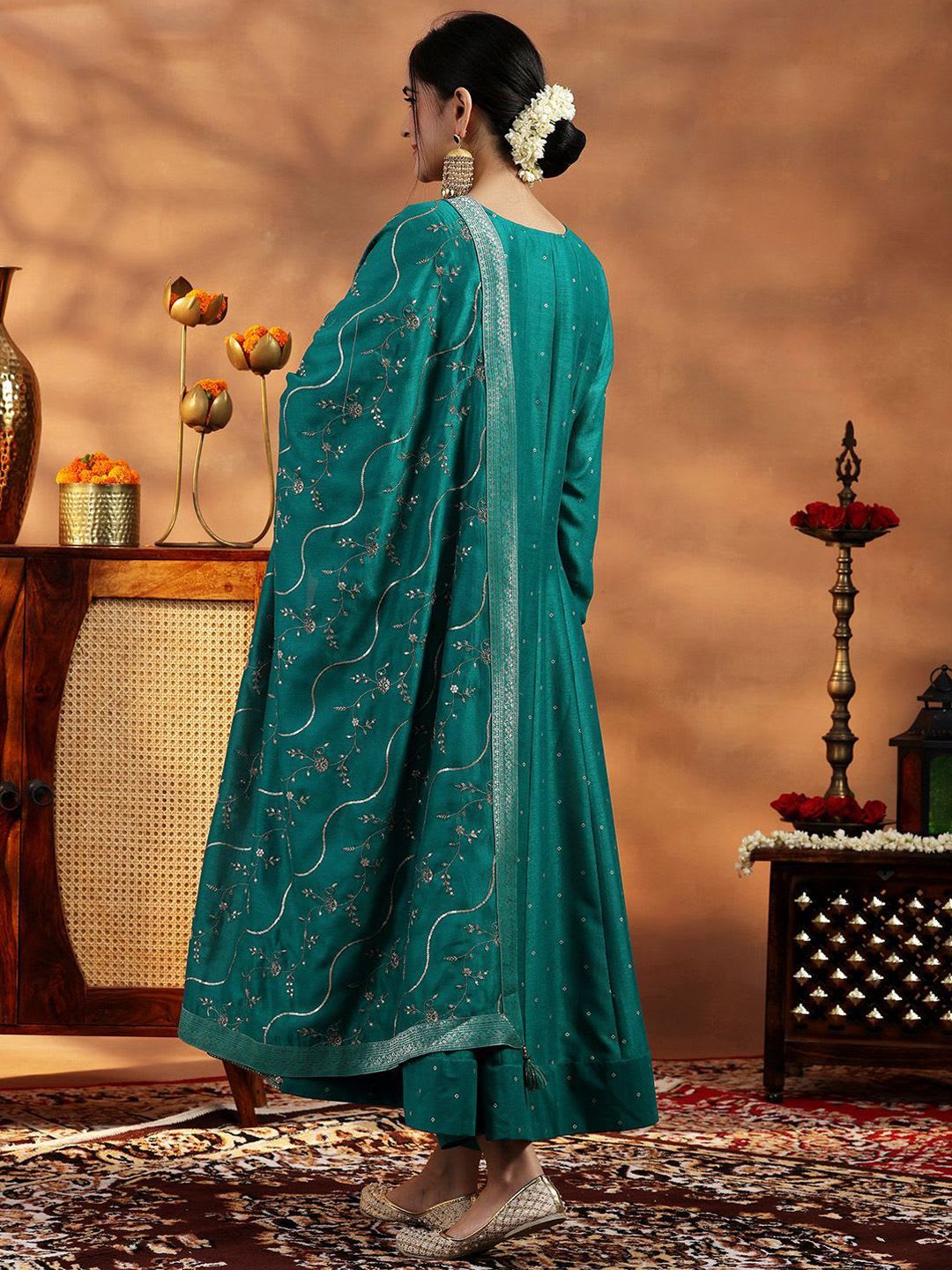 Libas Womens Green Embroidered Anarkali Kurta With Trousers & Dupatta - right view