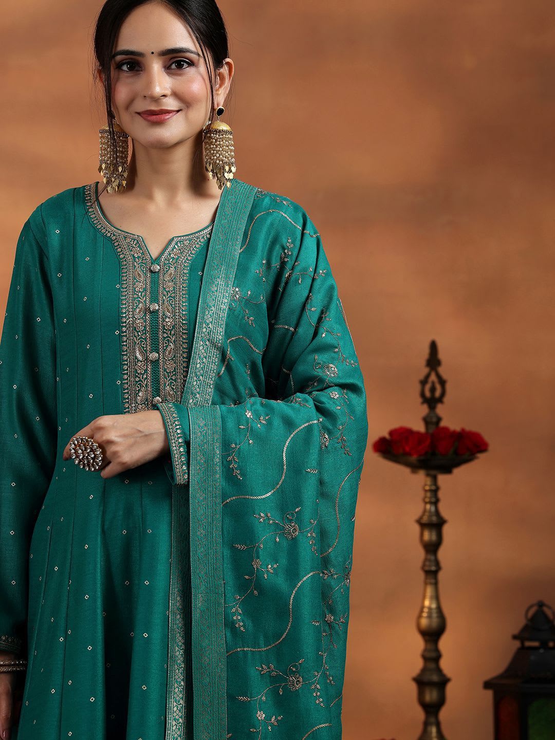 Libas Womens Green Embroidered Anarkali Kurta With Trousers & Dupatta - left view