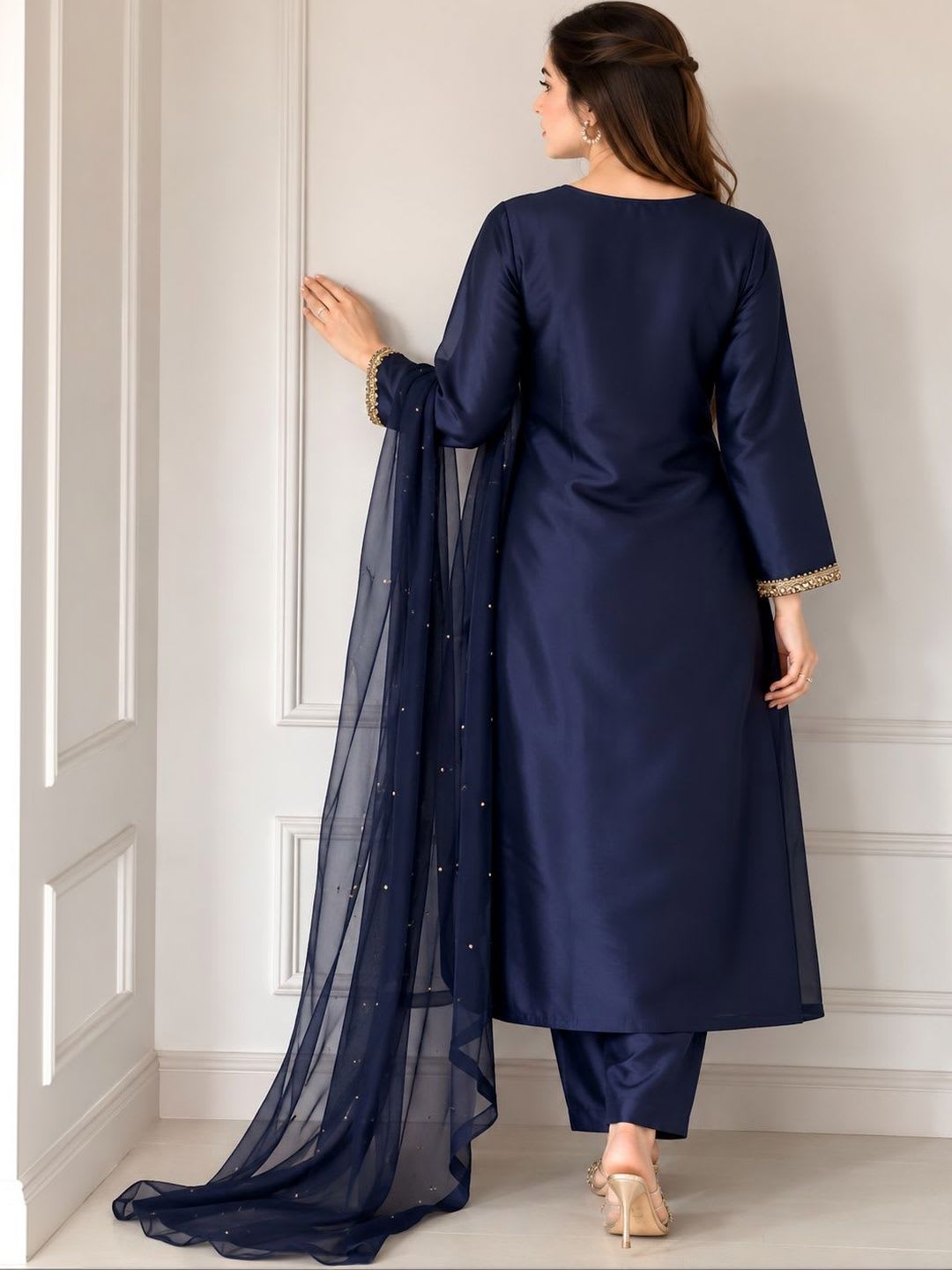 HERE&NOW Women Ethnic Motifs Embroidered Regular Silk Crepe Kurta with Trousers & With Dupatta - right view