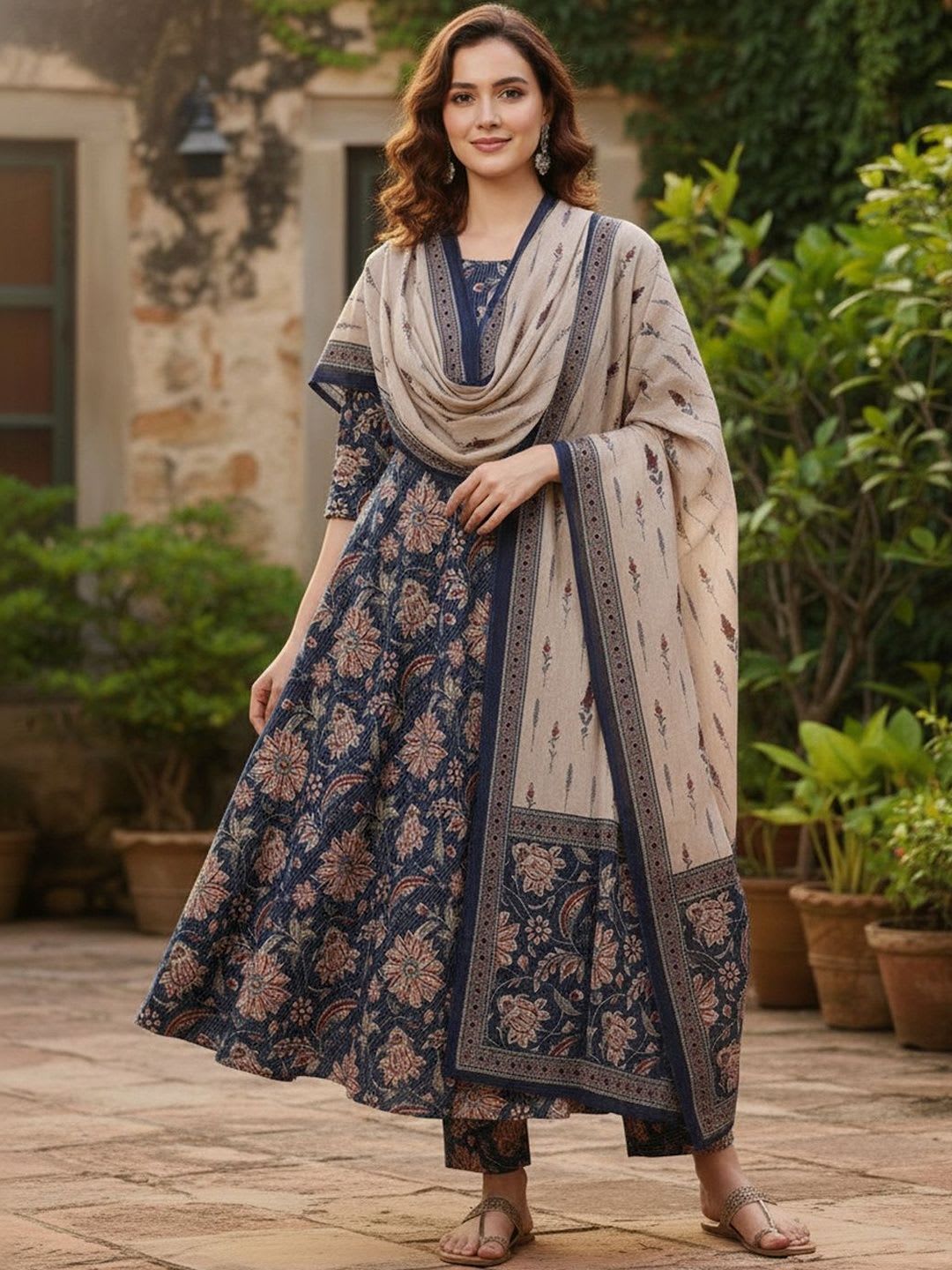 ARADHNA Women Floral Printed Regular Kurta with Trousers & With Dupatta - right view