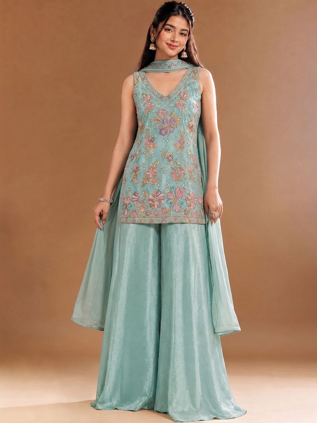 Varanga Women Floral Embroidered Regular  Work Kurta with Sharara & With Dupatta - default view