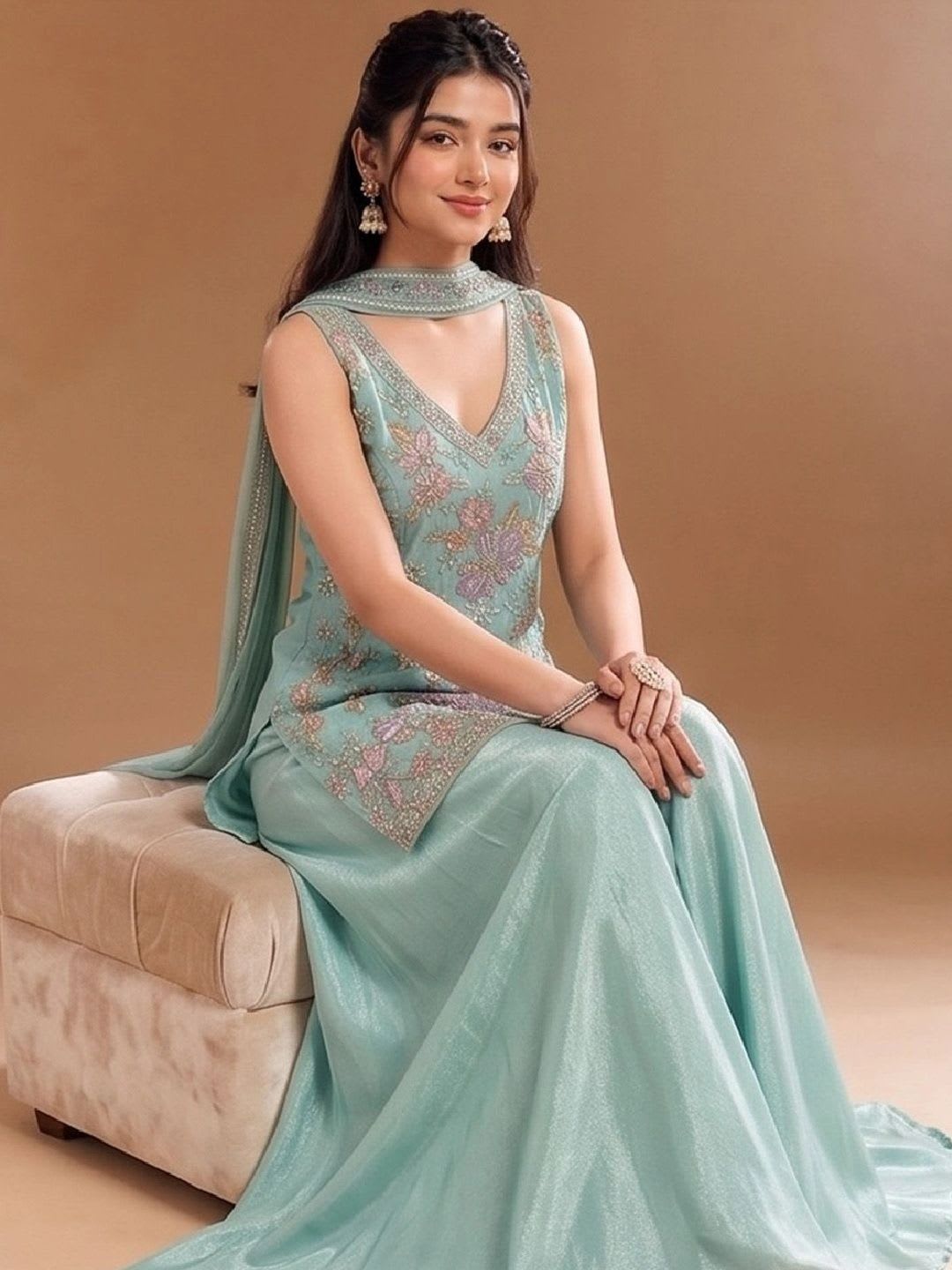 Varanga Women Floral Embroidered Regular  Work Kurta with Sharara & With Dupatta - back view