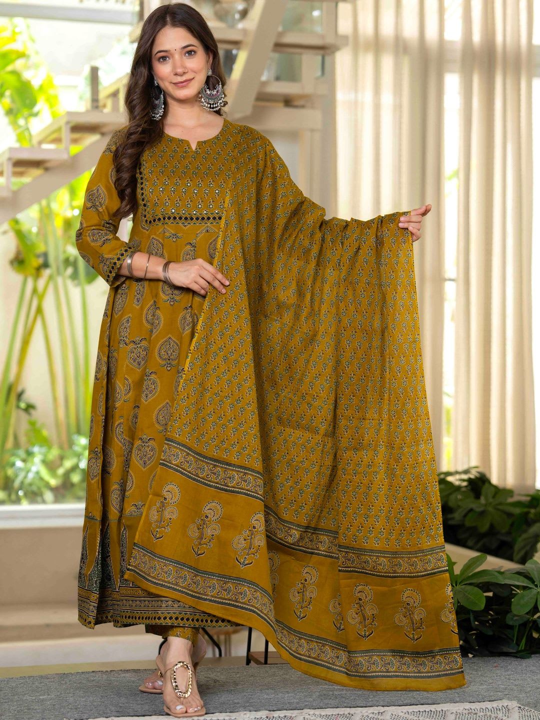 KALINI Women Ethnic Motifs Printed Empire Mirror Work Pure Cotton Kurta with Trousers & With Dupatta - back view