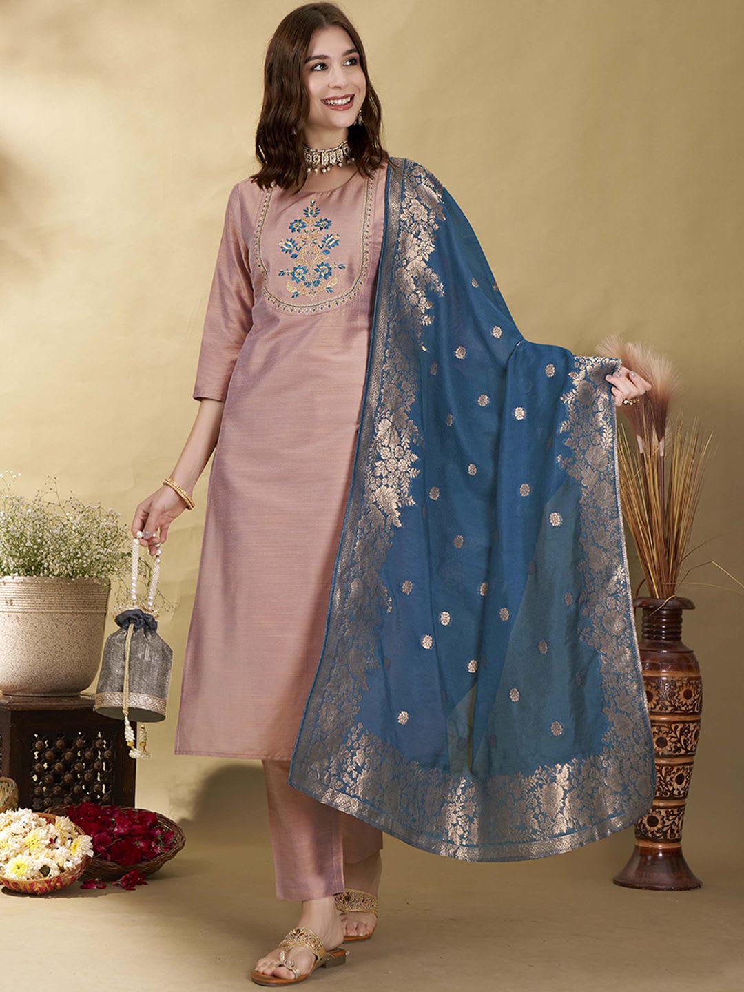 Anouk Mauve Floral Yoke Design Thread Work Straight Kurta With Trousers & Dupatta - default view