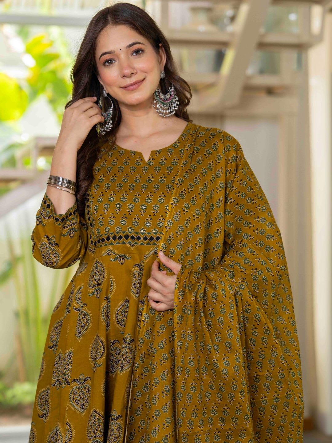 KALINI Women Ethnic Motifs Printed Empire Mirror Work Pure Cotton Kurta with Trousers & With Dupatta - left view