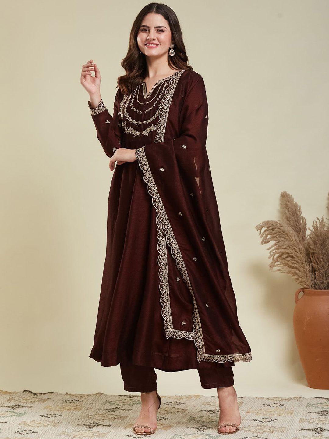 MOKOSH Women Silk Embroidered Anarkali Kurta And Pant Set With Dupatta - default view