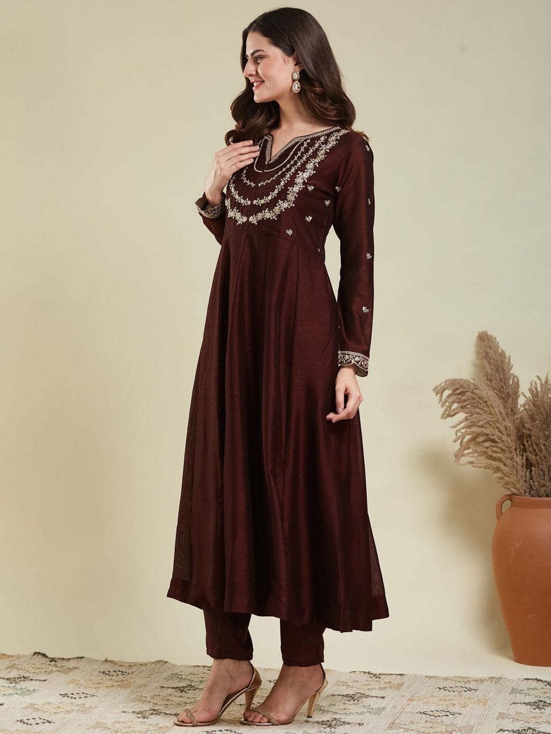 MOKOSH Women Silk Embroidered Anarkali Kurta And Pant Set With Dupatta - right view