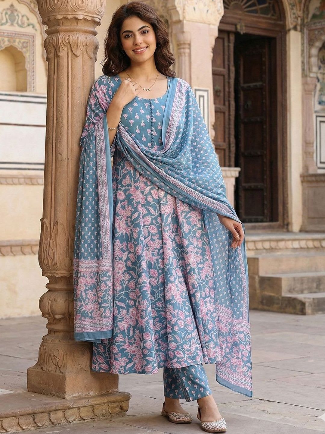 Anouk Women Floral Printed Empire Pure Cotton Kurta with Trousers & With Dupatta - default view