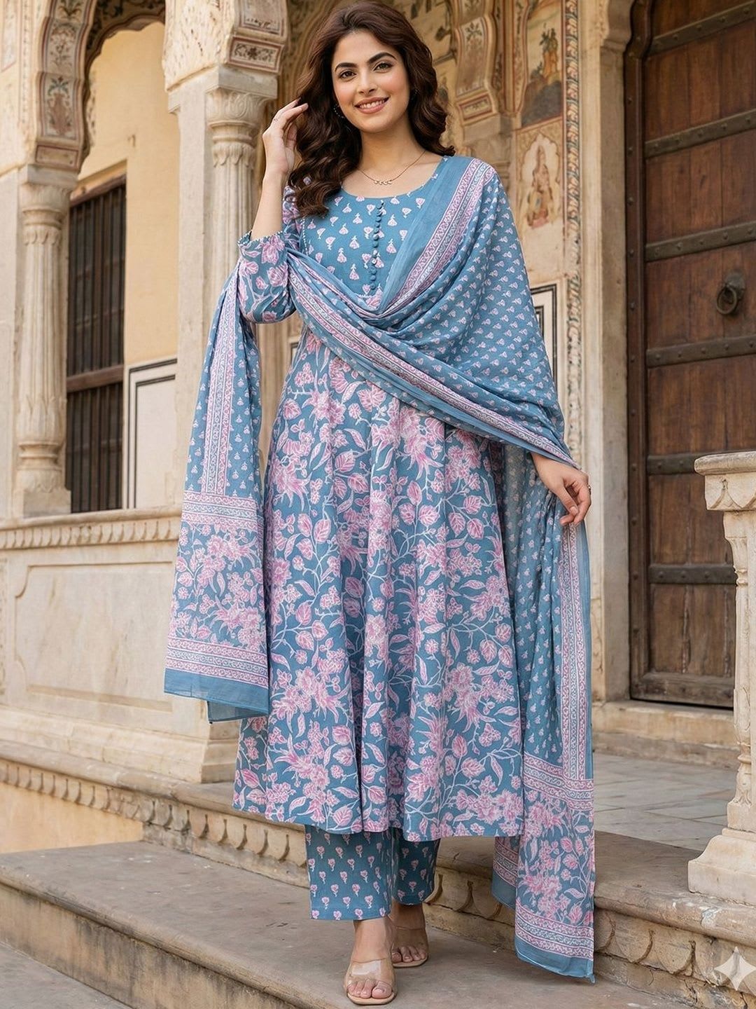 Anouk Women Floral Printed Empire Pure Cotton Kurta with Trousers & With Dupatta - back view