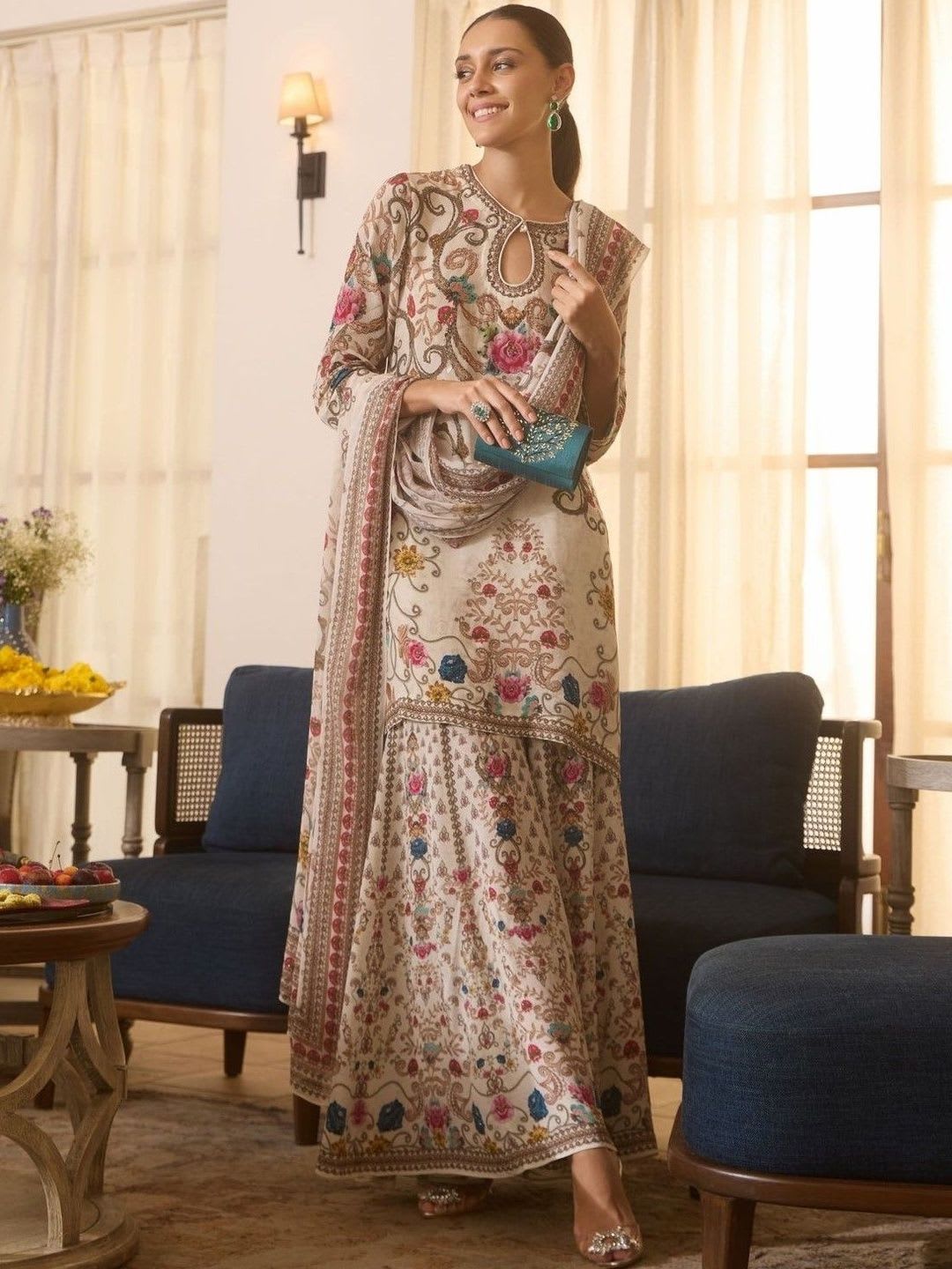 Anouk Ethnic Motifs Printed Keyhole Neck Straight Kurta With Sharara & Dupatta - default view