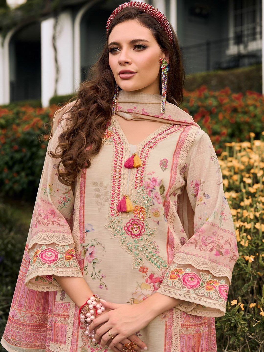 Indo Era Floral Printed V-Neck Sequinned Linen Kurta With Trousers And Dupatta - default view