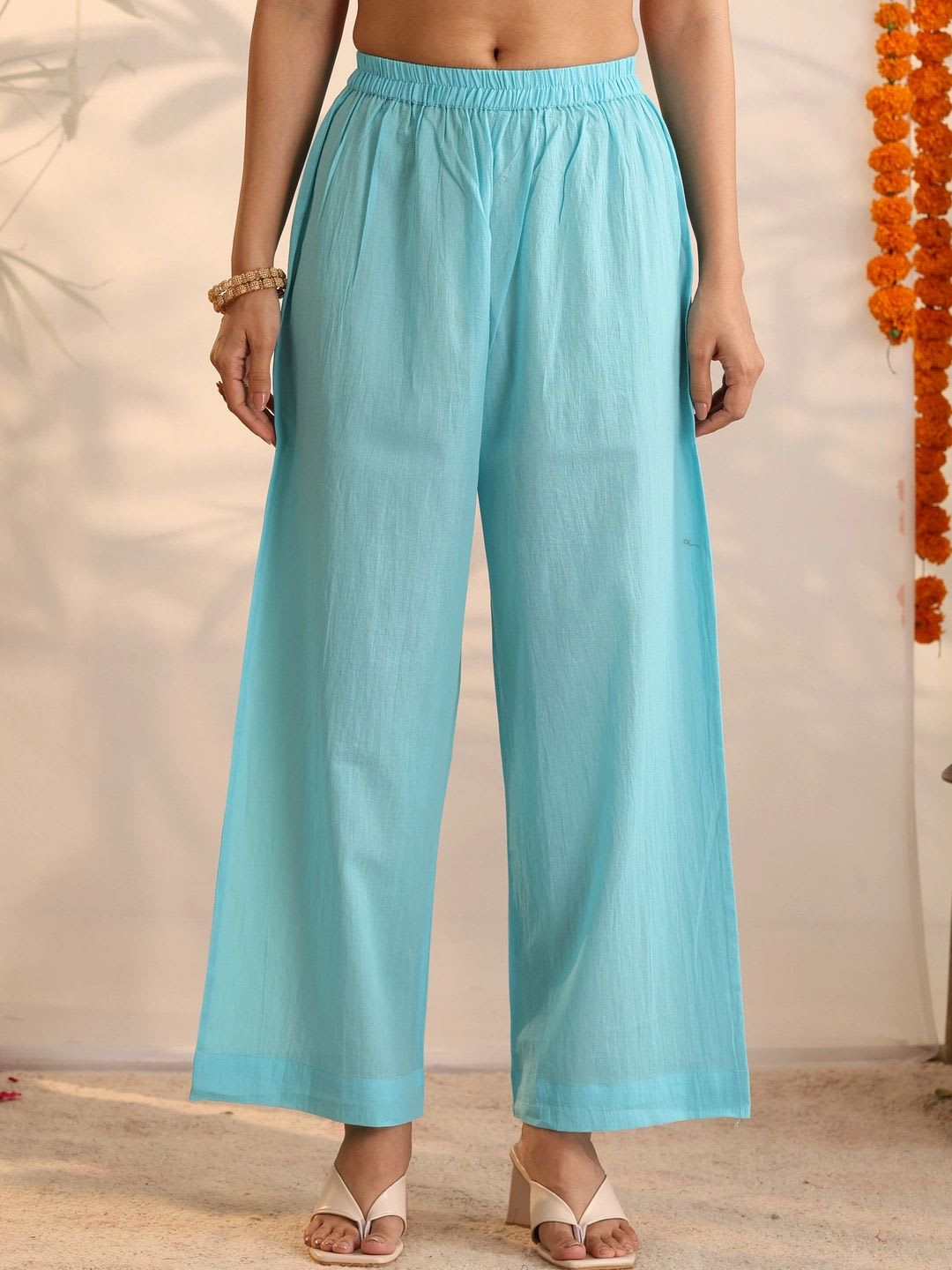 Khushal K Women Ethnic Motifs Embroidered Empire Thread Work Pure Cotton Kurta with Palazzos & With Dupatta - back view