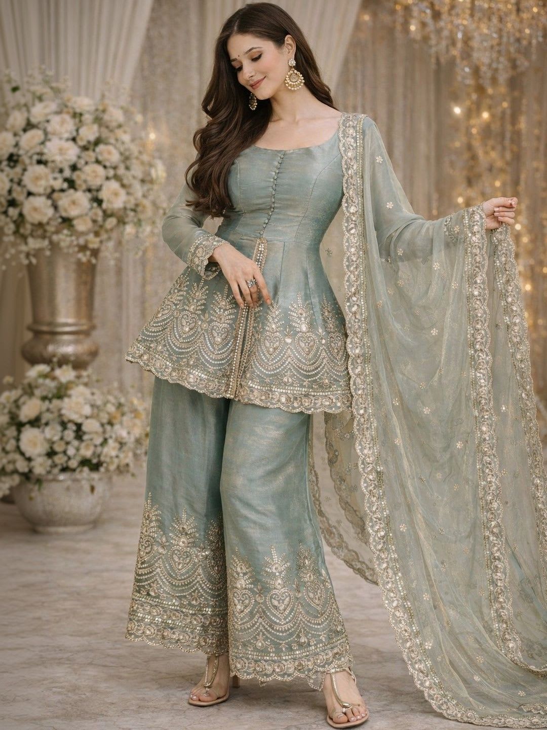 HERE&NOW Women Ethnic Motifs Embroidered Empire Kurti with Palazzos & With Dupatta - default view