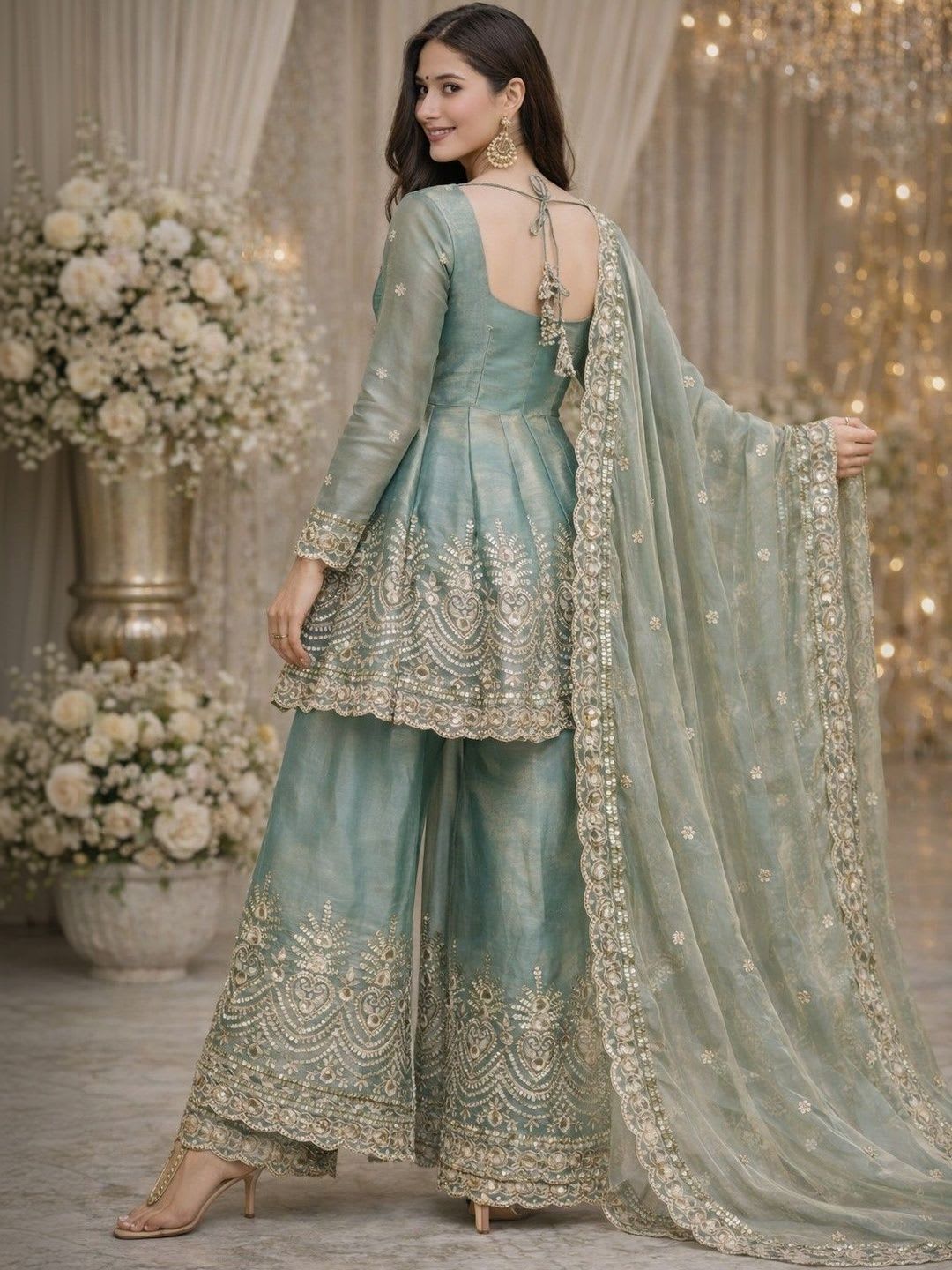 HERE&NOW Women Ethnic Motifs Embroidered Empire Kurti with Palazzos & With Dupatta - left view
