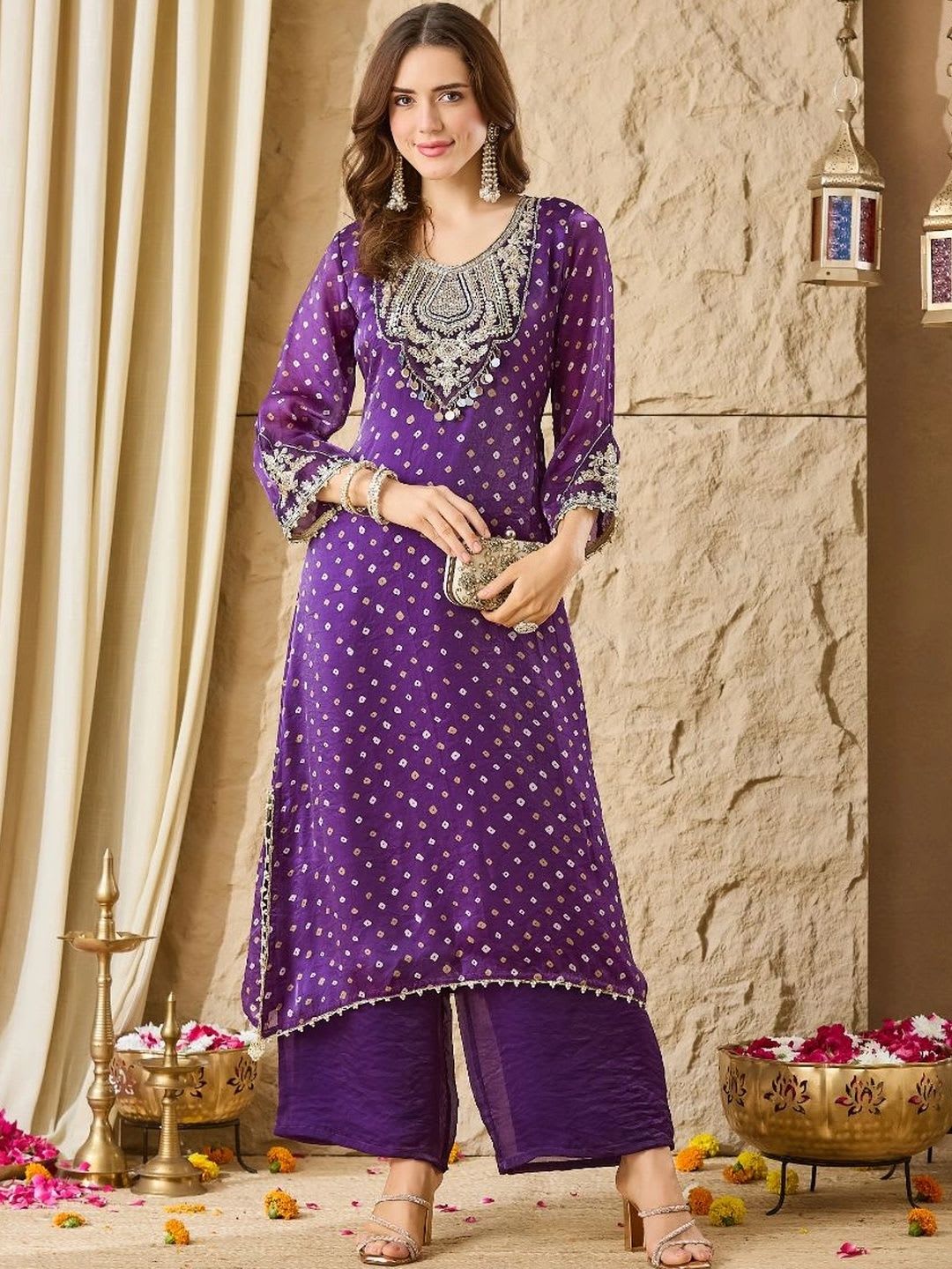 MOKOSH Women Violet Embroidered Bandhani Print Kurti With Palazzo Set - default view