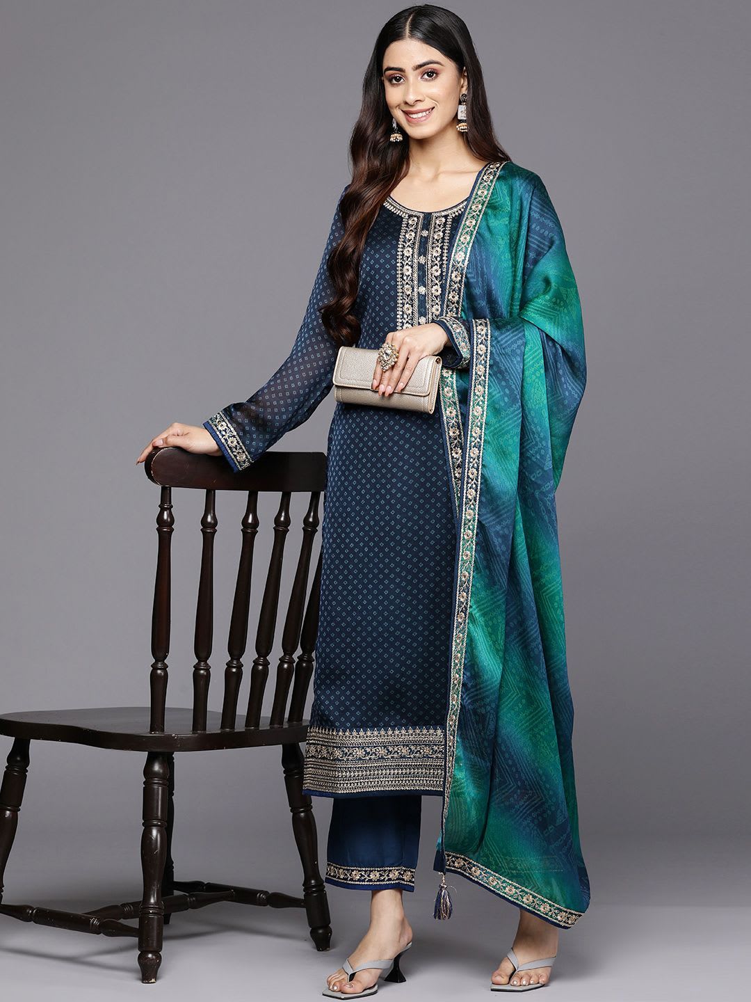 Libas Women Blue Bandhani Printed Kurta with Trousers & With Dupatta - back view