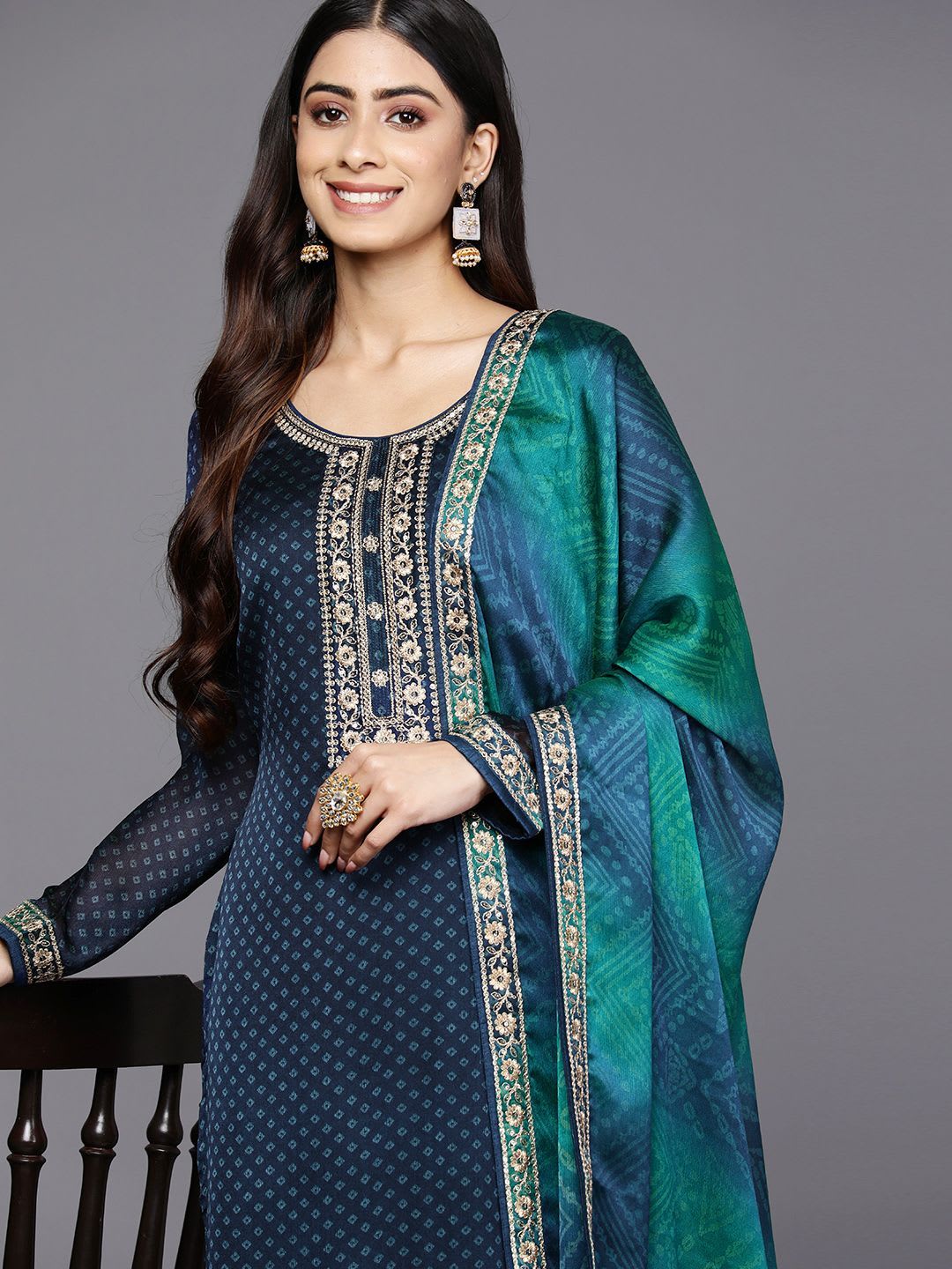 Libas Women Blue Bandhani Printed Kurta with Trousers & With Dupatta - left view