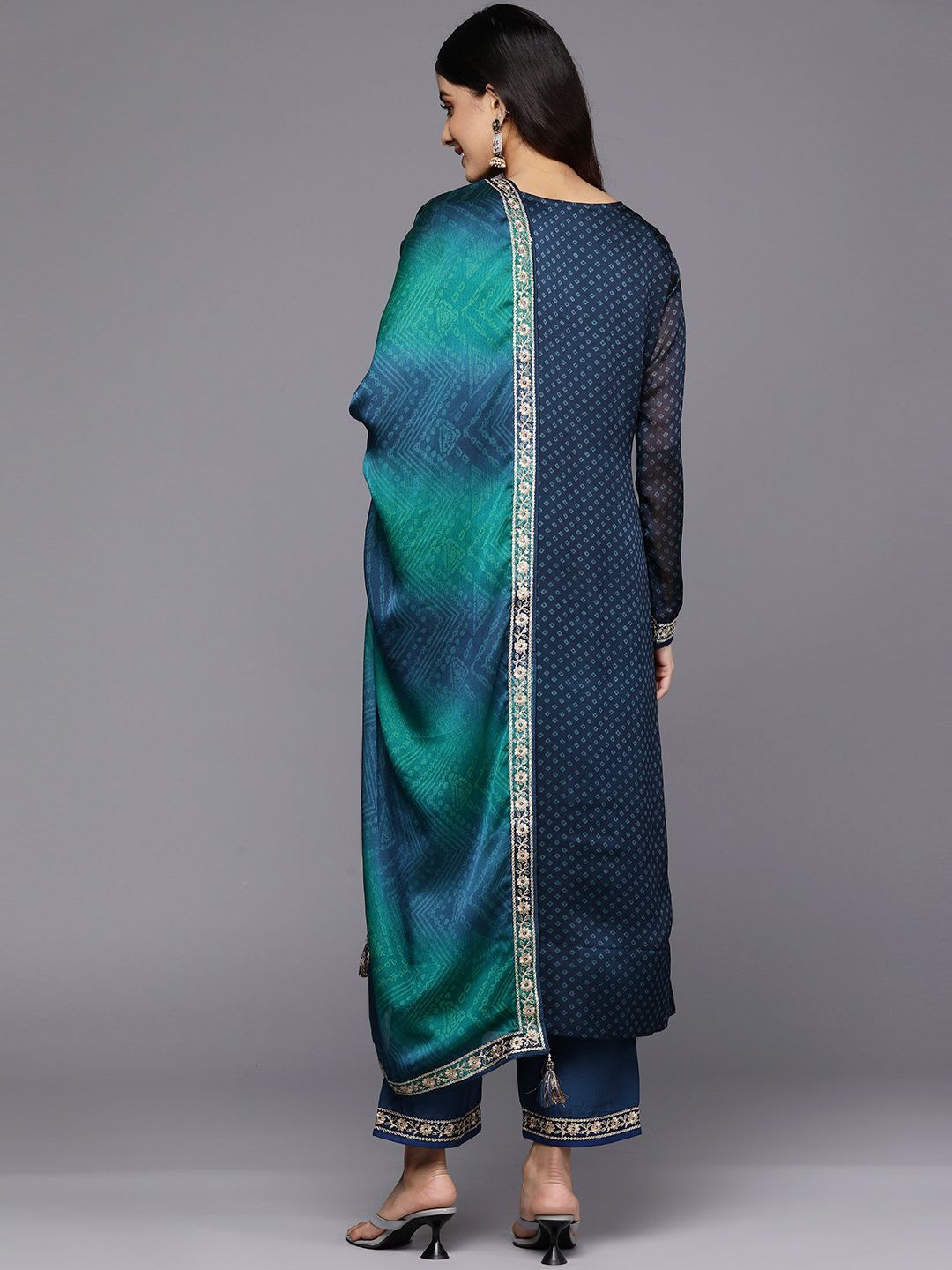 Libas Women Blue Bandhani Printed Kurta with Trousers & With Dupatta - right view