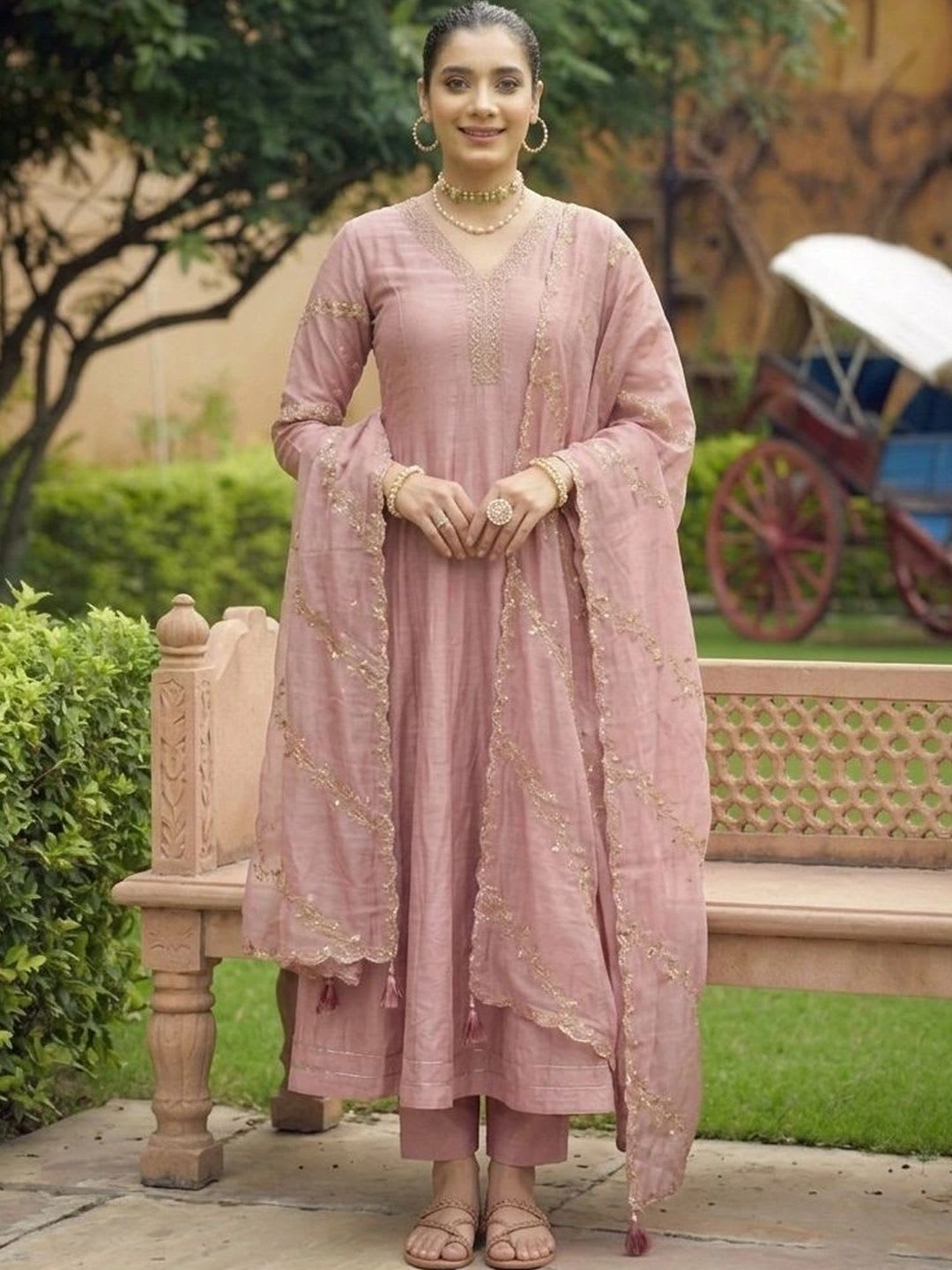 MOKOSH Women Rose Pink Embroidered Anarkali Kurta & Pant With Dupatta - default view