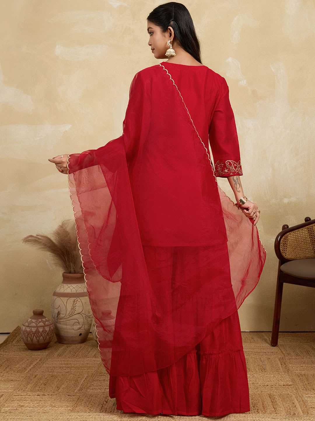 House of Pataudi Women Ethnic Motifs Embroidered A-Line Kurta with Sharara & Dupatta - right view