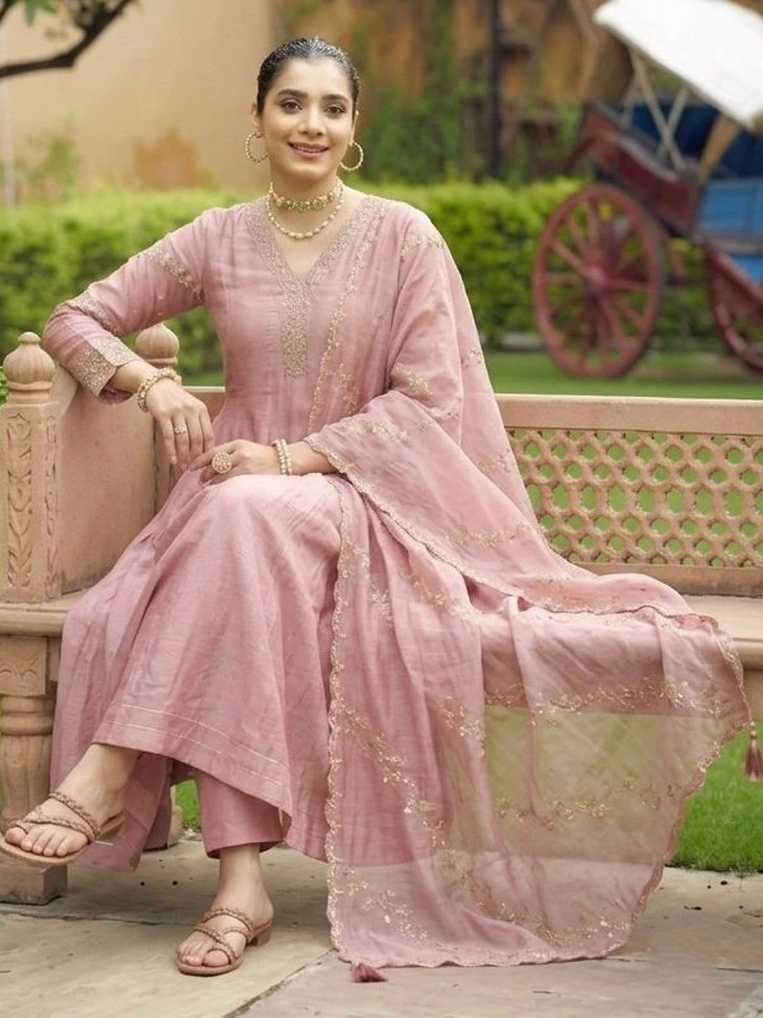 MOKOSH Women Rose Pink Embroidered Anarkali Kurta & Pant With Dupatta - right view
