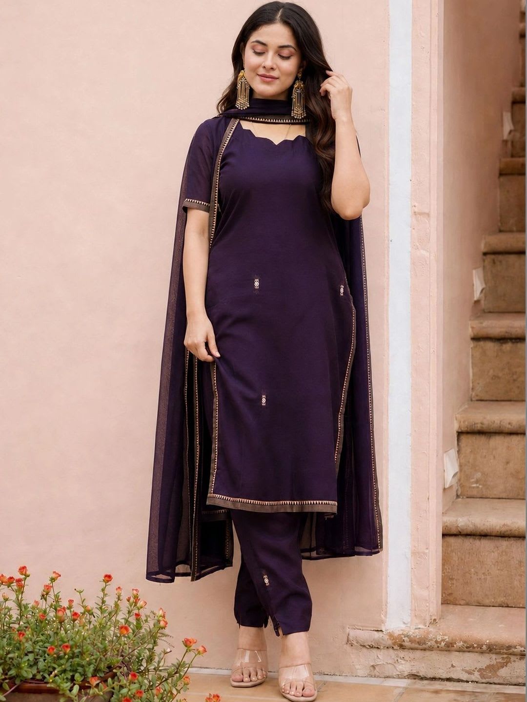 Aaghnya Women Ethnic Motifs Embroidered Regular Thread Work Kurta with Trousers & With Dupatta - default view
