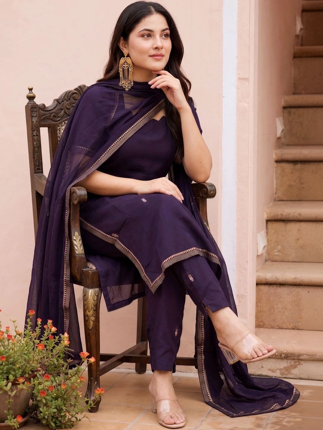 Aaghnya Women Ethnic Motifs Embroidered Regular Thread Work Kurta with Trousers & With Dupatta - right view