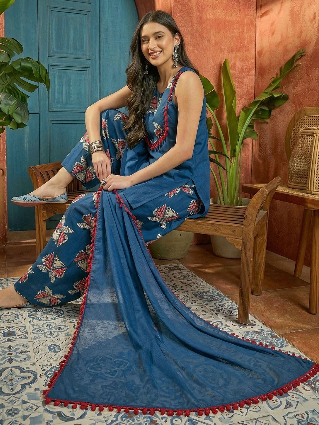 Stylum Women Regular Blue Pure Cotton Kurti With Farshi Salwar & Dupatta - default view