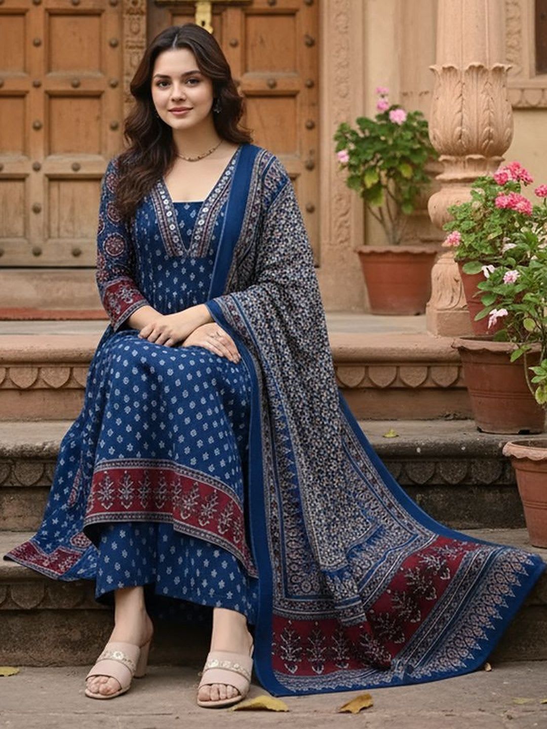 SZN Women Ethnic Motifs Printed Panelled Kurta with Trousers & With Dupatta - default view