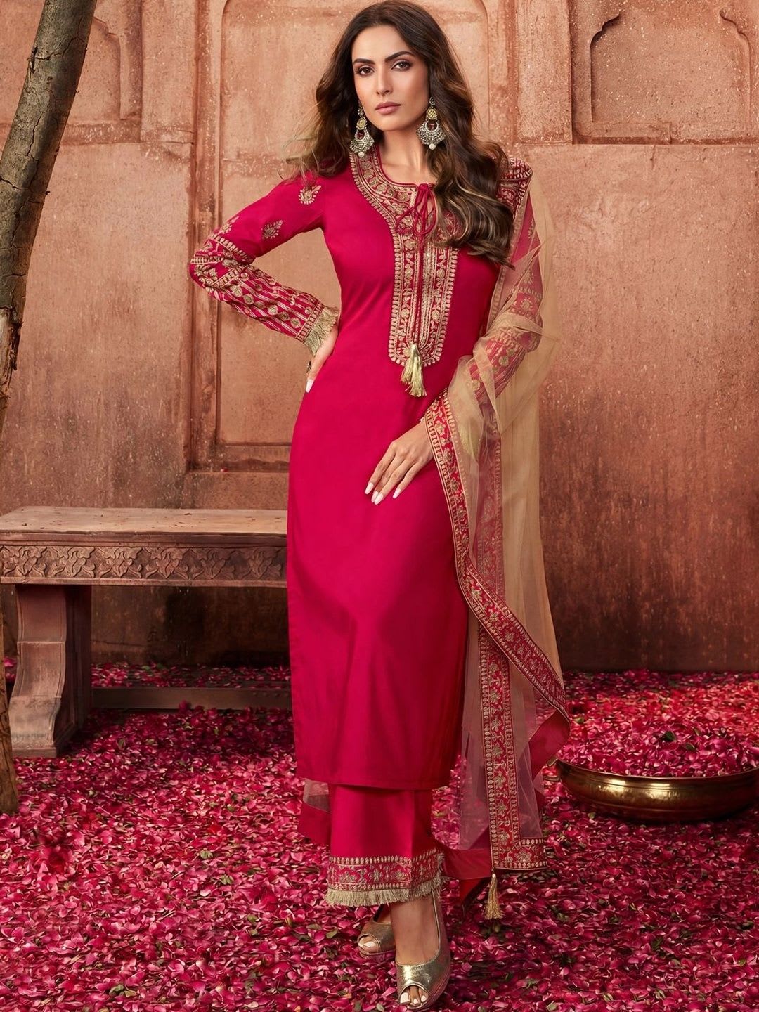 Inddus Women Magenta & Gold  Ethnic Motifs Embroidered Kurta with Trousers & Dupatta - default view