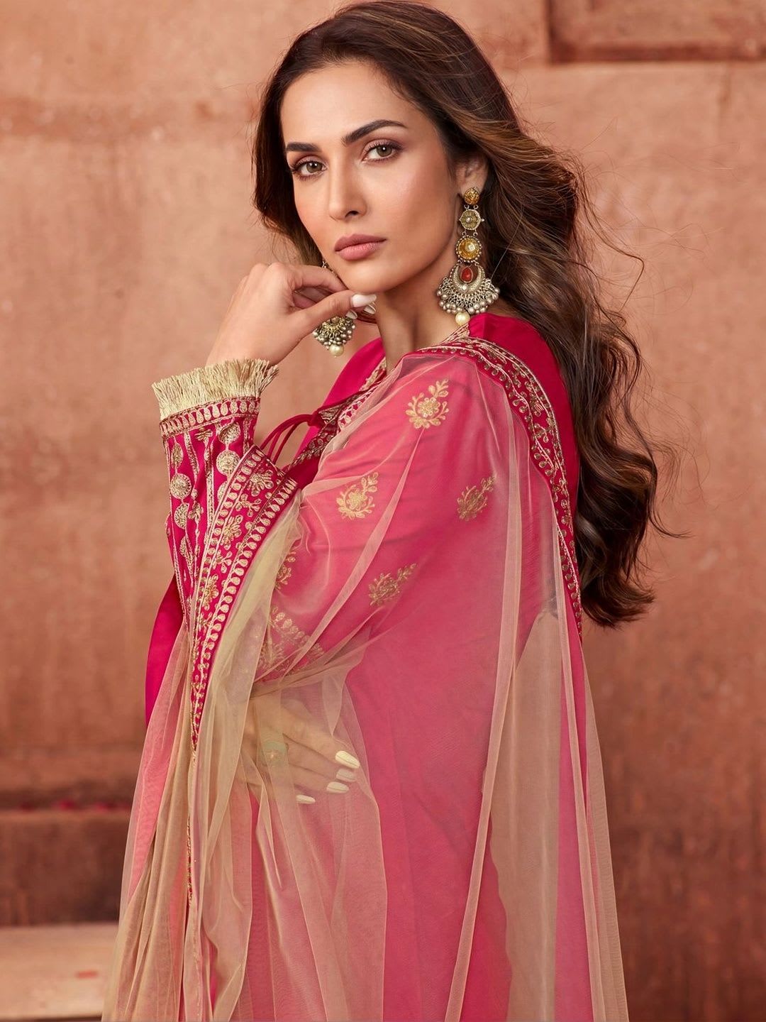 Inddus Women Magenta & Gold  Ethnic Motifs Embroidered Kurta with Trousers & Dupatta - right view