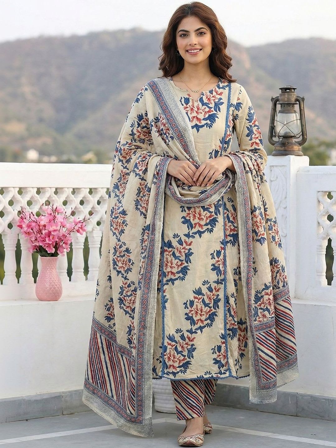 Anouk Women Floral Printed Regular Pure Cotton Kurta with Churidar & With Dupatta - default view